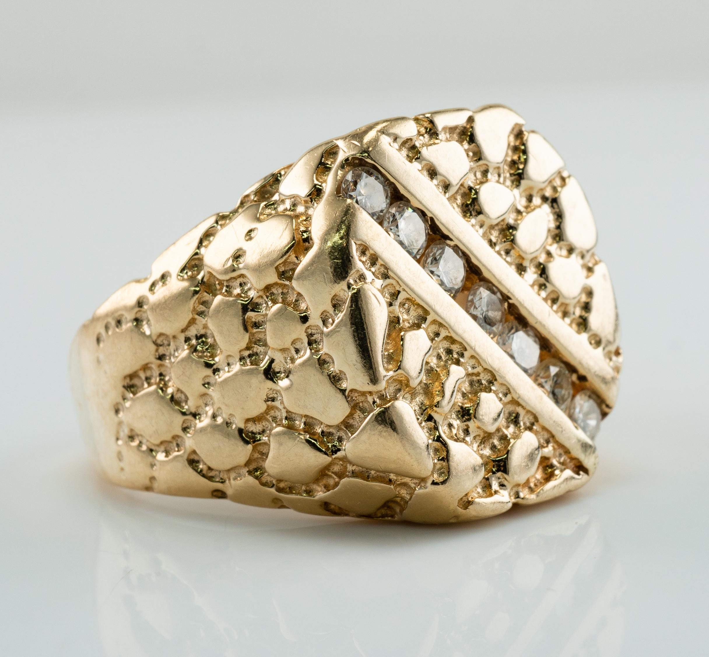 Herren Naturdiamant Ring 14K Gold Nugget Stil Vintage By (Rundschliff) im Angebot