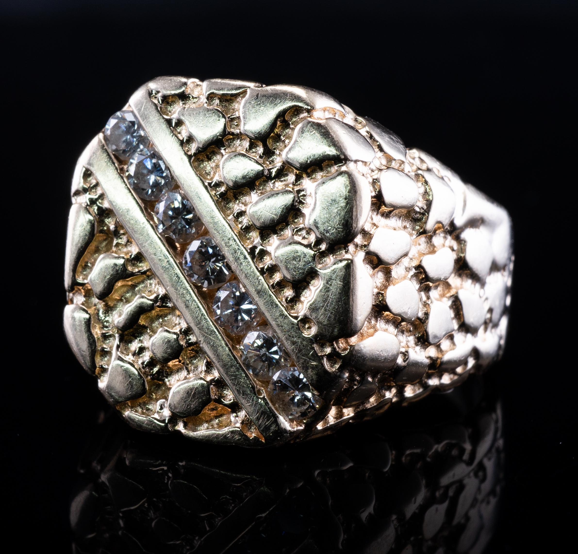 Herren Naturdiamant Ring 14K Gold Nugget Stil Vintage By Damen im Angebot