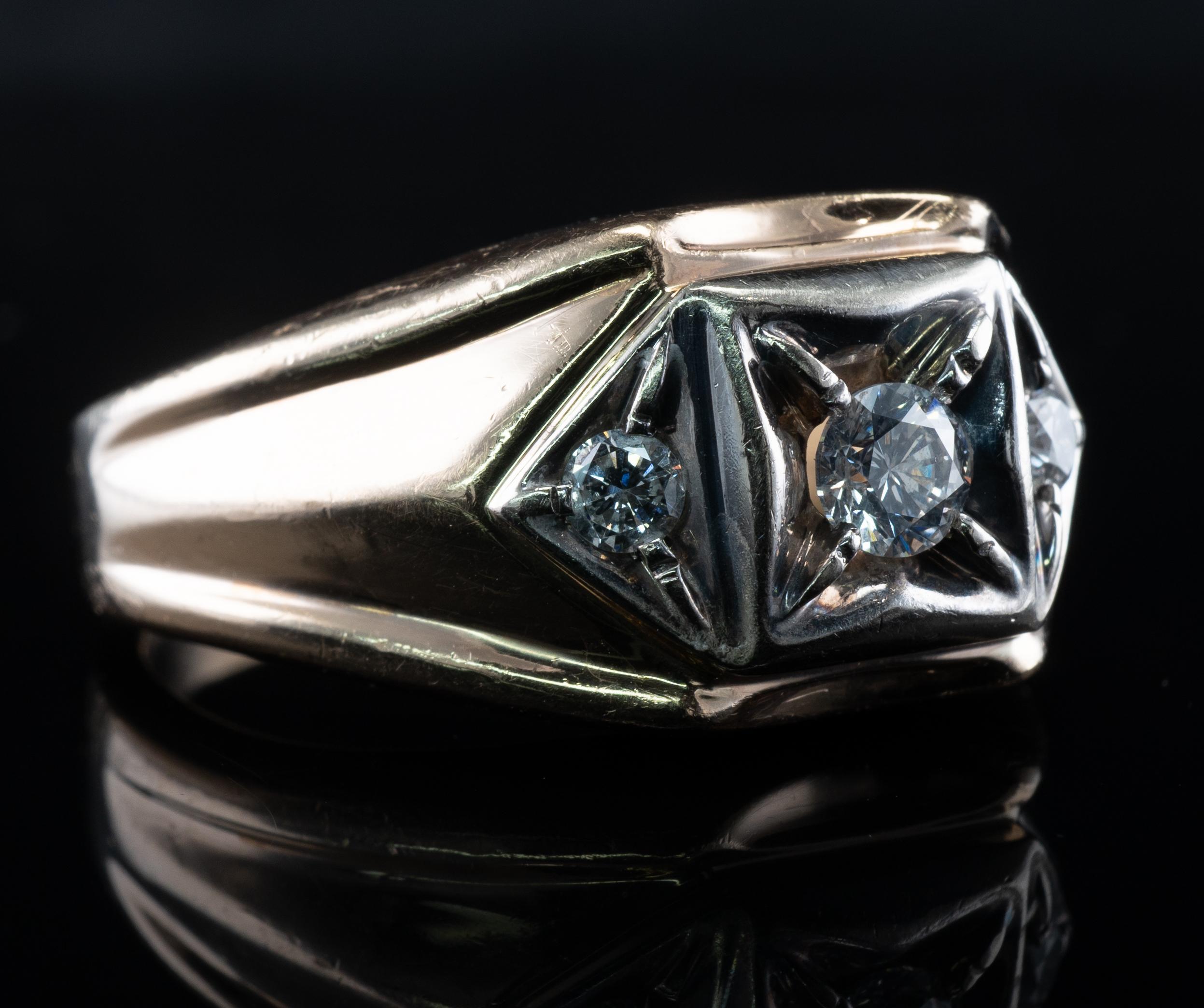 Mens Natural Diamond Ring 14K Gold Vintage .45 Tdw Three Stones For Sale 2