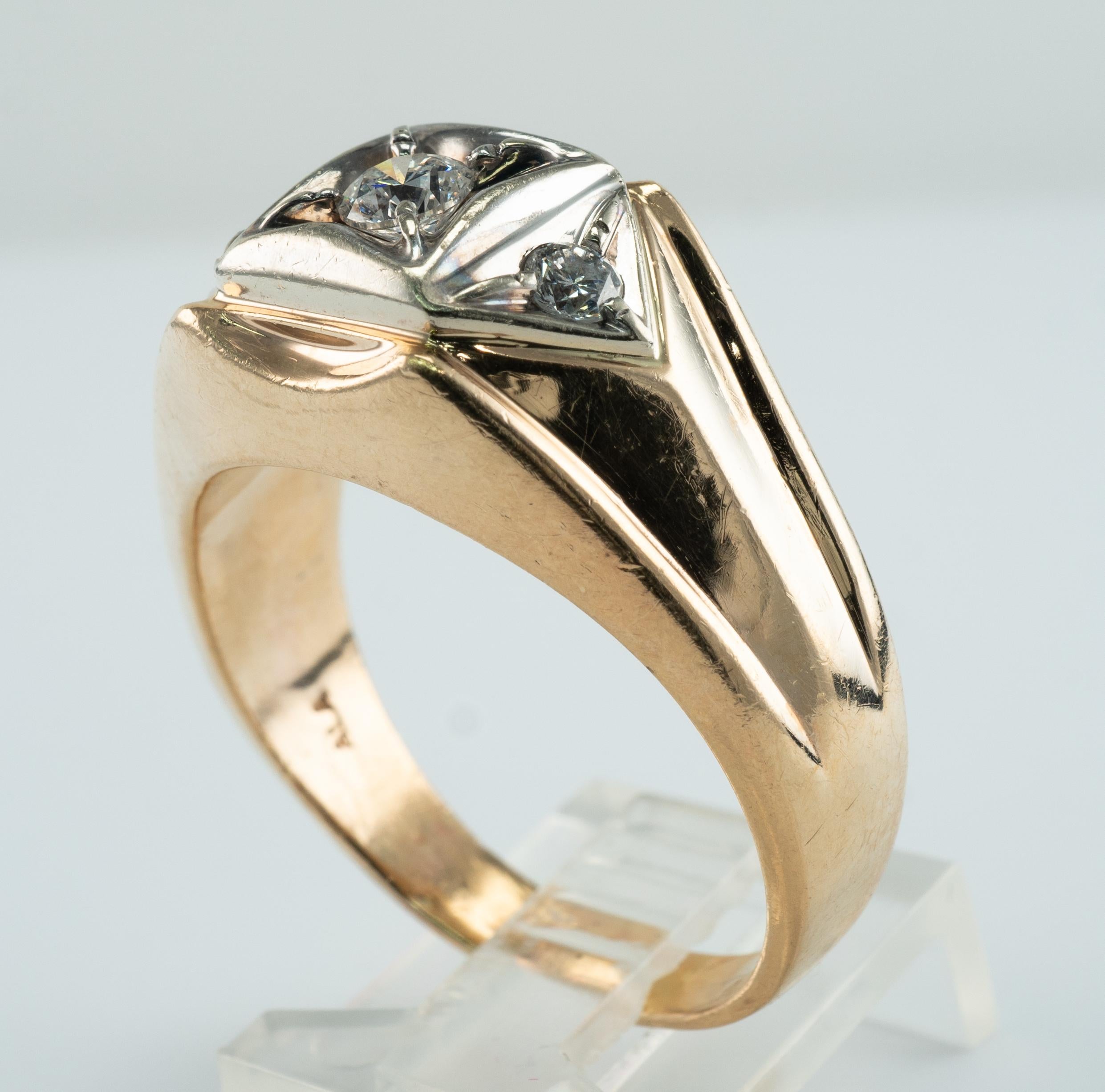 Mens Natural Diamond Ring 14K Gold Vintage .45 Tdw Three Stones For Sale 4