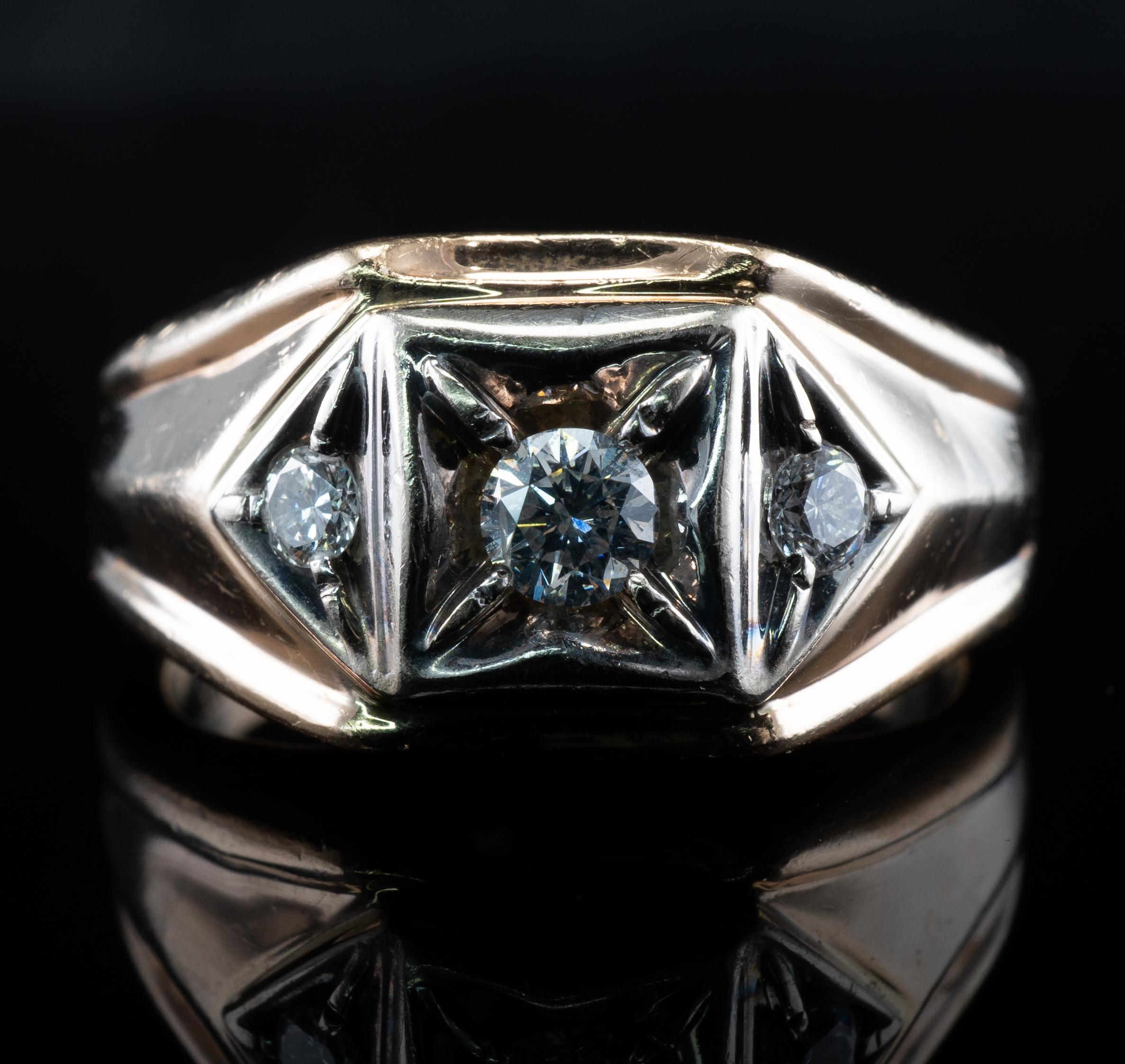 Men's Mens Natural Diamond Ring 14K Gold Vintage .45 Tdw Three Stones For Sale