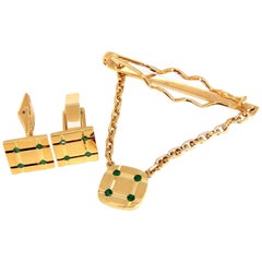 Men’s Natural Emerald Cufflinks Tie Tack Chain Gift Set, 14 Karat