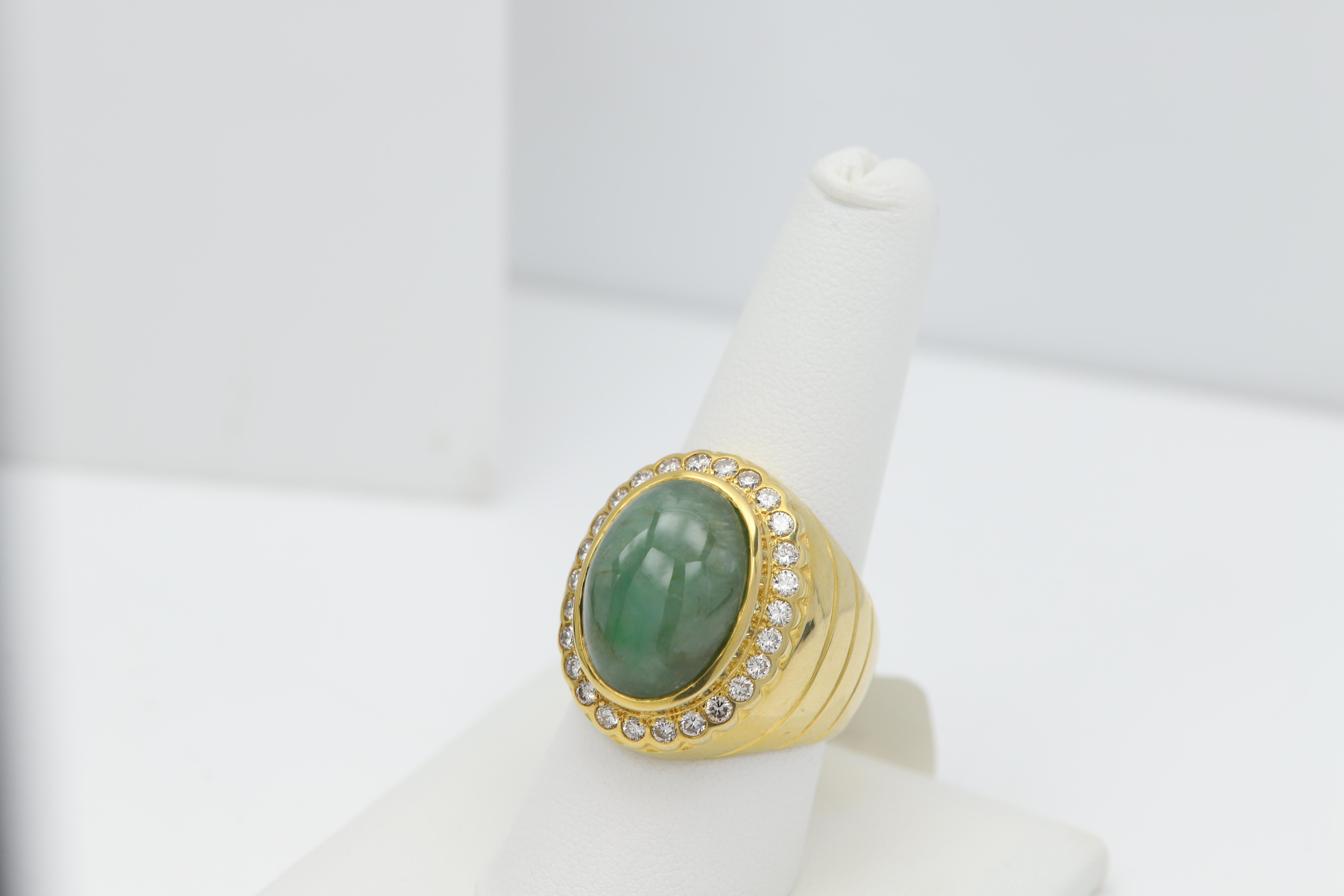 Men's Mens Natural Jade Ring with Diamond in 18 Karat Yellow gold Vintage Jade Ring For Sale
