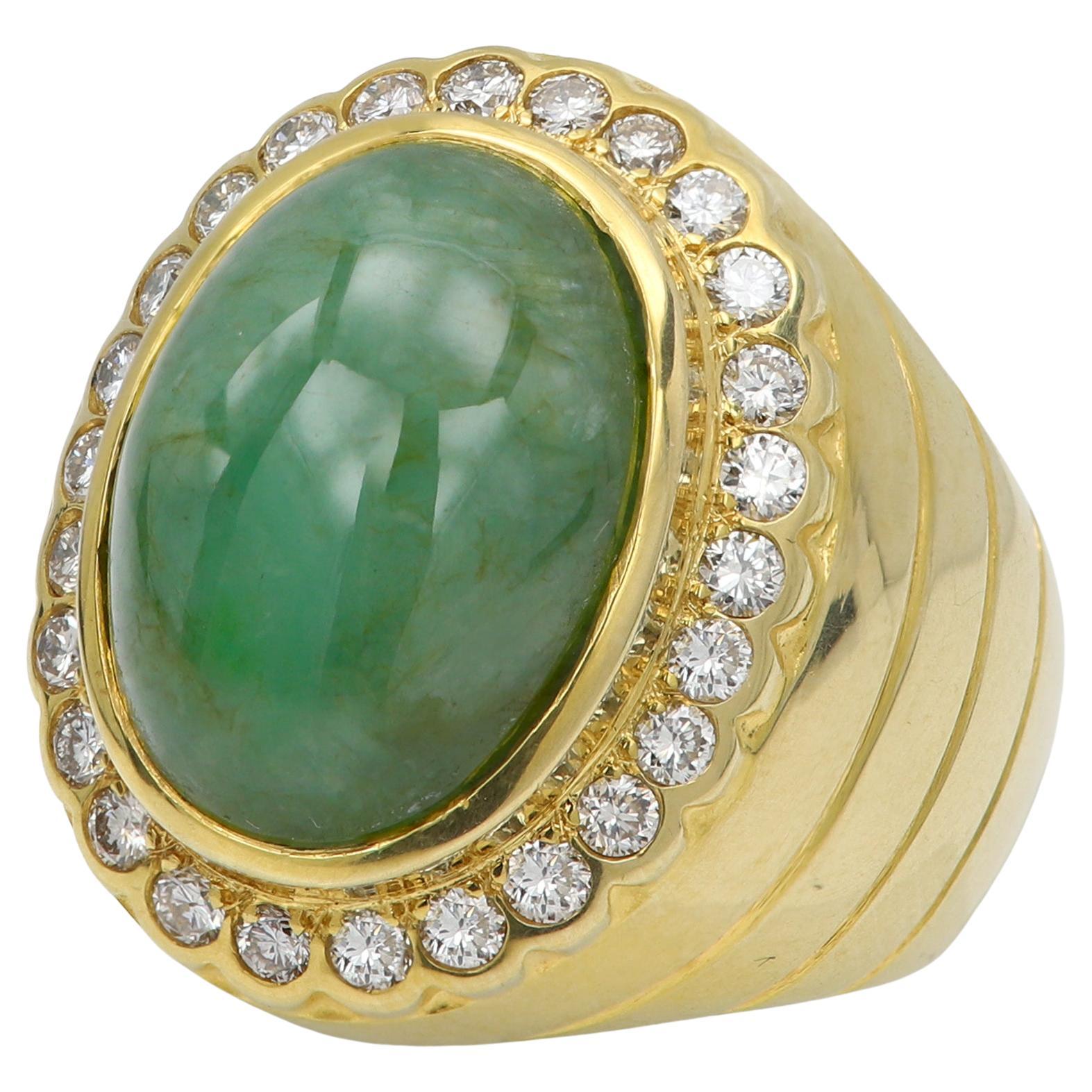 Oval Cut Mens Natural Jade Ring with Diamond in 18 Karat Yellow gold Vintage Jade Ring For Sale