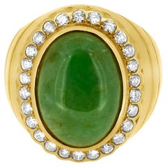 Herren Ring aus natürlicher Jade mit Diamant in 18 Karat Gelbgold Vintage Jade Ring