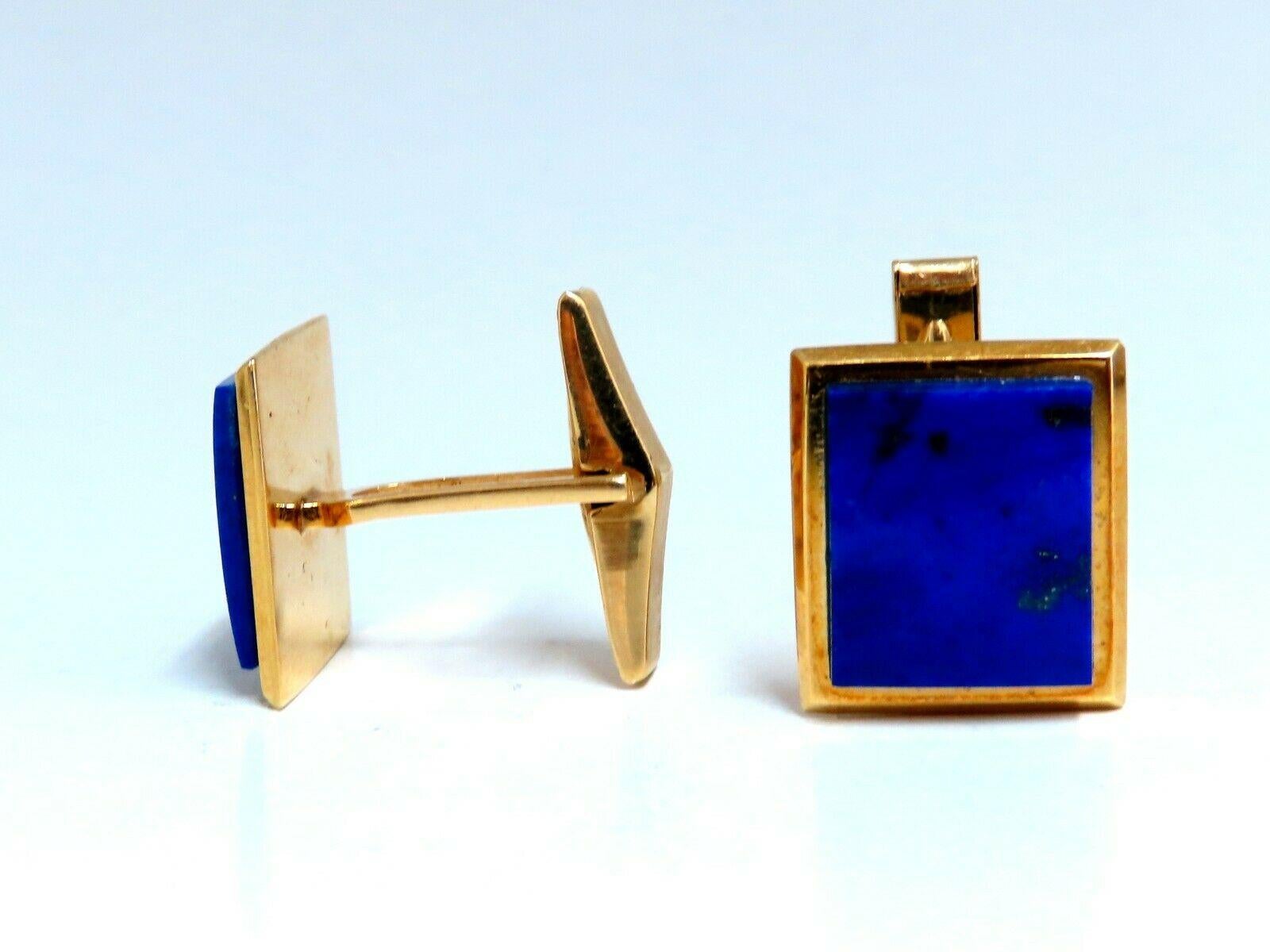 Amazing detail 

Natural Lapis Lazuli Cufflinks

Gorgeous detail.

Upper of 18kt gold and base mechanism 14kt.

Rotating lever backing.

12.8 grams.

Top diameter: 17x15mm

Solid, perfect for daily wear.