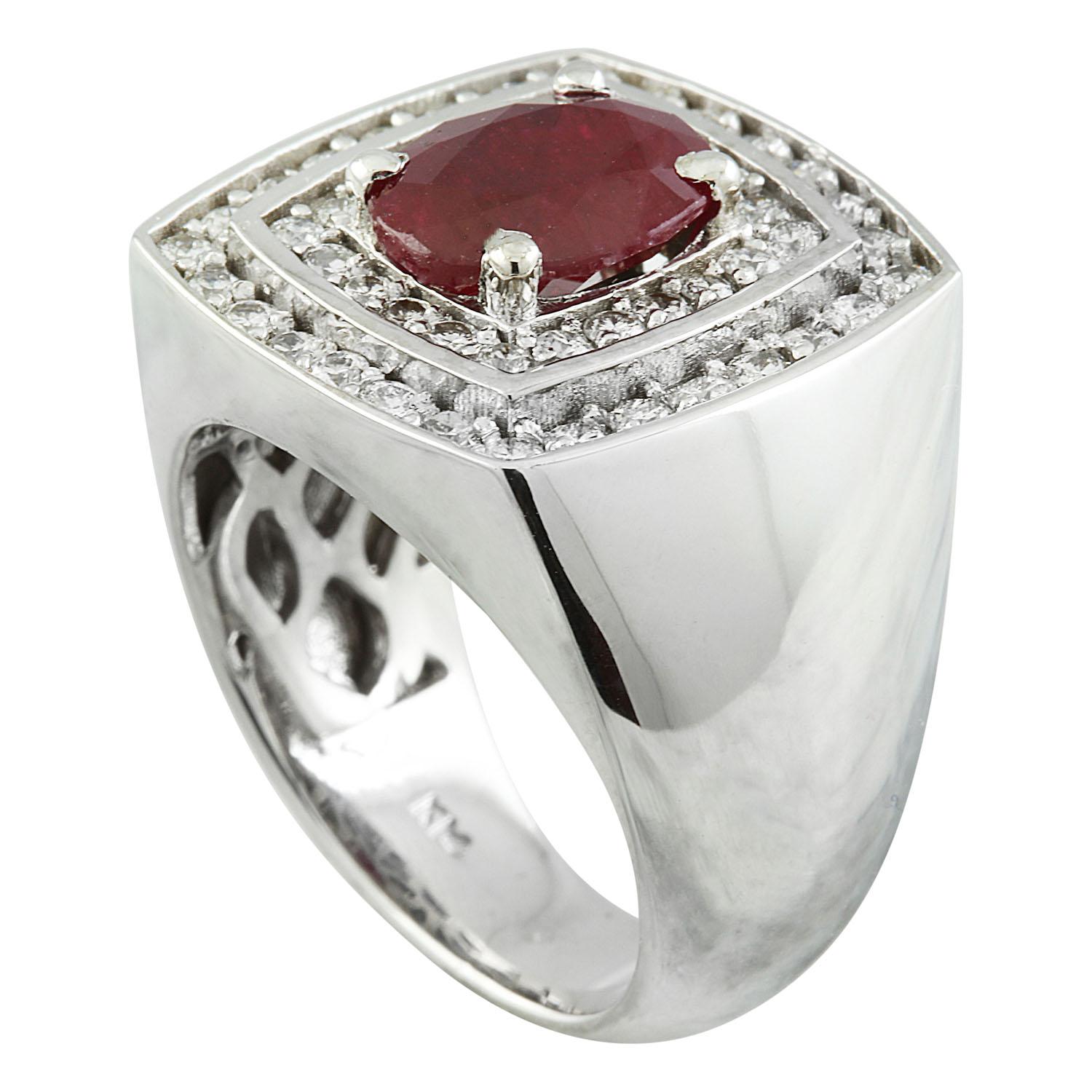 4.30 Carat Natural Ruby 14 Karat Solid White Gold Diamond Ring
Stamped: 14K 
Total Ring Weight: 18 Grams
Ruby Weight 3.20 Carat (10.00x8.00 Millimeters)
Diamond Weight: 1.10 carat (F-G Color, VS2-SI1 Clarity )
Face Measures: 19.00x19.20  Millimeter