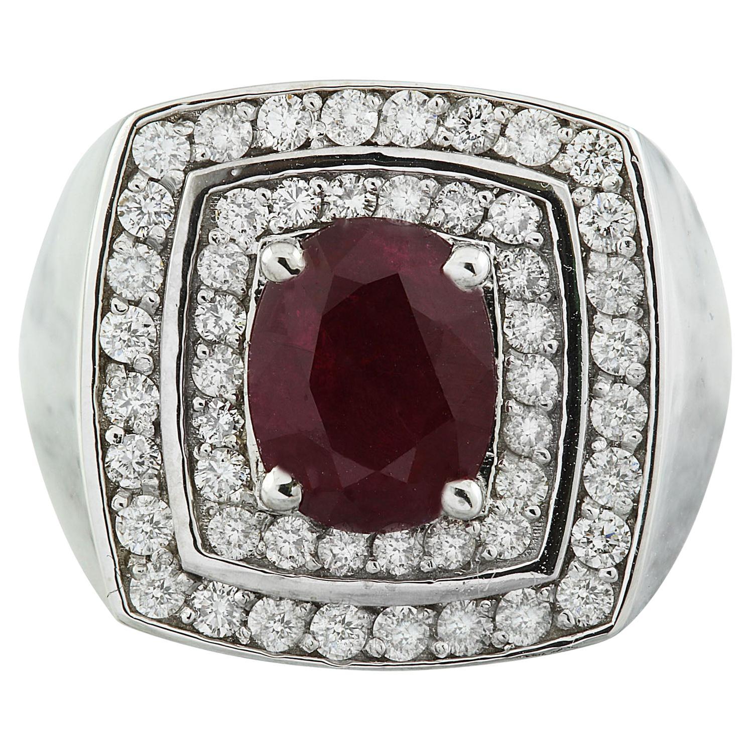 Men's Natural Ruby Diamond Ring In 14 Karat White Gold  For Sale