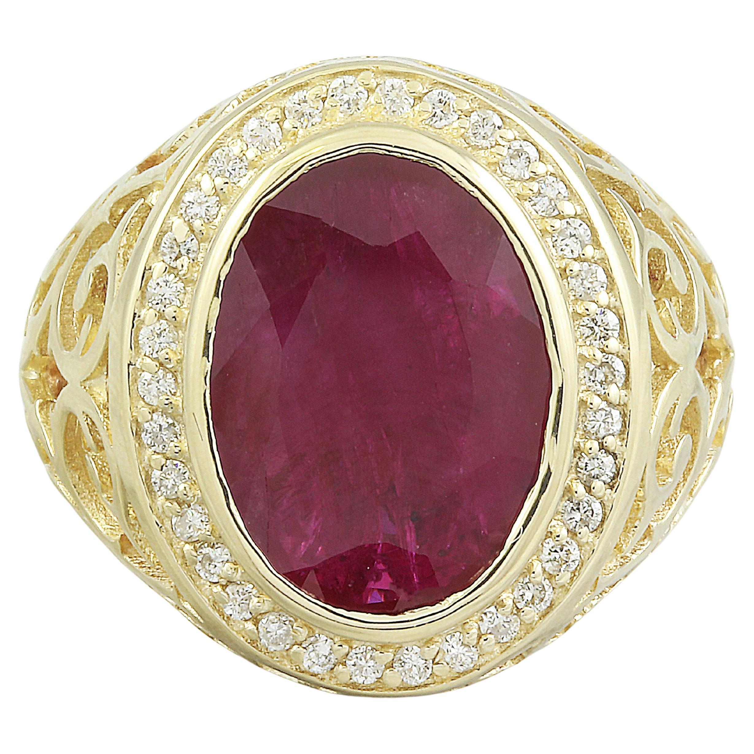 Bague pour homme en or jaune massif 14 carats, rubis naturel et diamant 