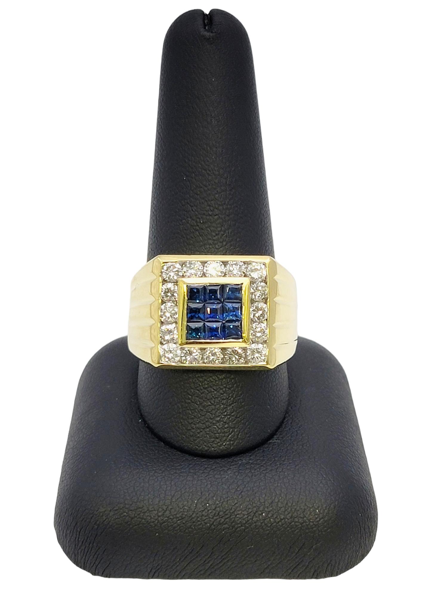 Mens Natural Sapphire and Diamond Halo Square Band Ring in 18 Karat Yellow Gold For Sale 5