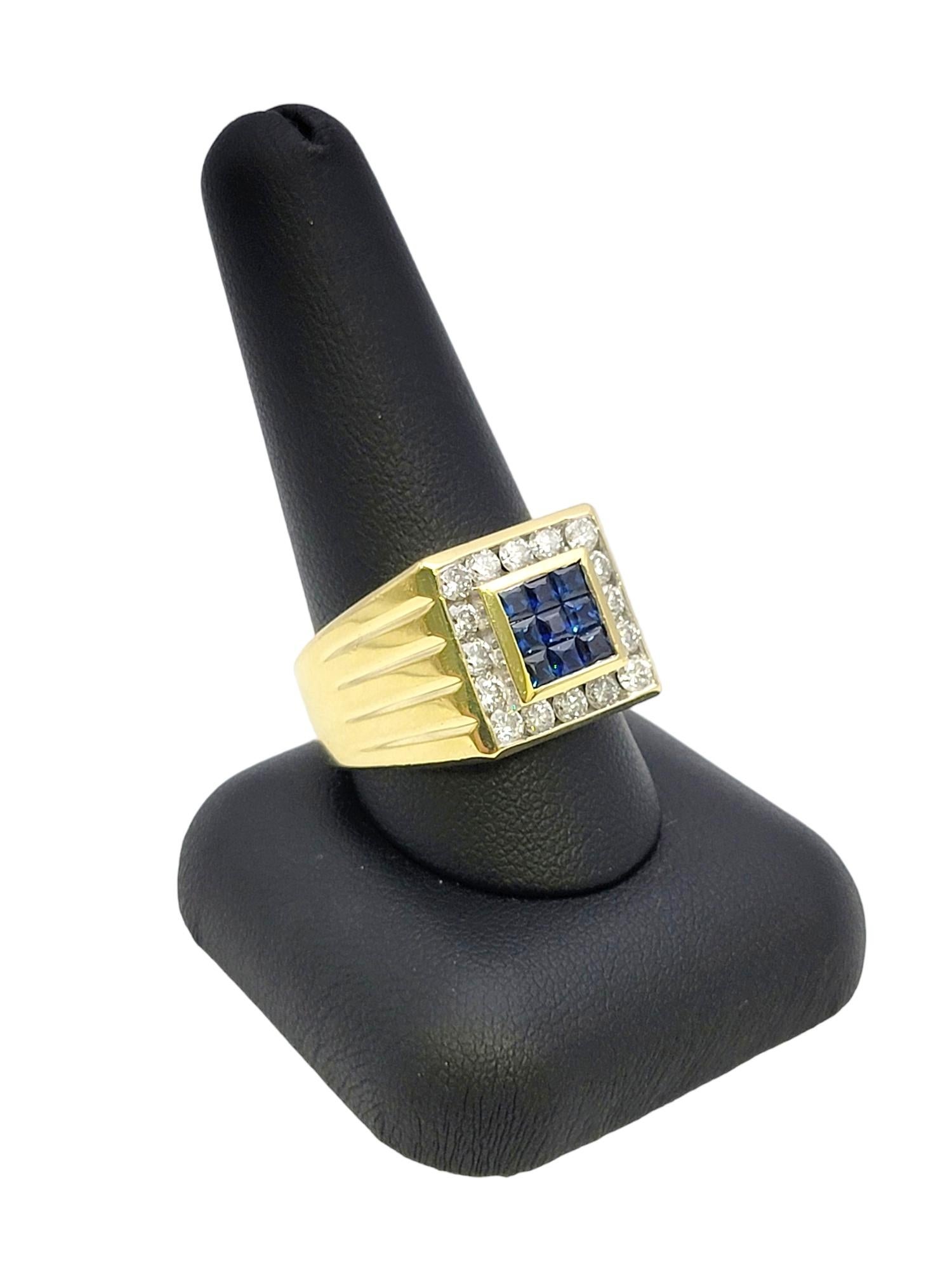 Mens Natural Sapphire and Diamond Halo Square Band Ring in 18 Karat Yellow Gold For Sale 6