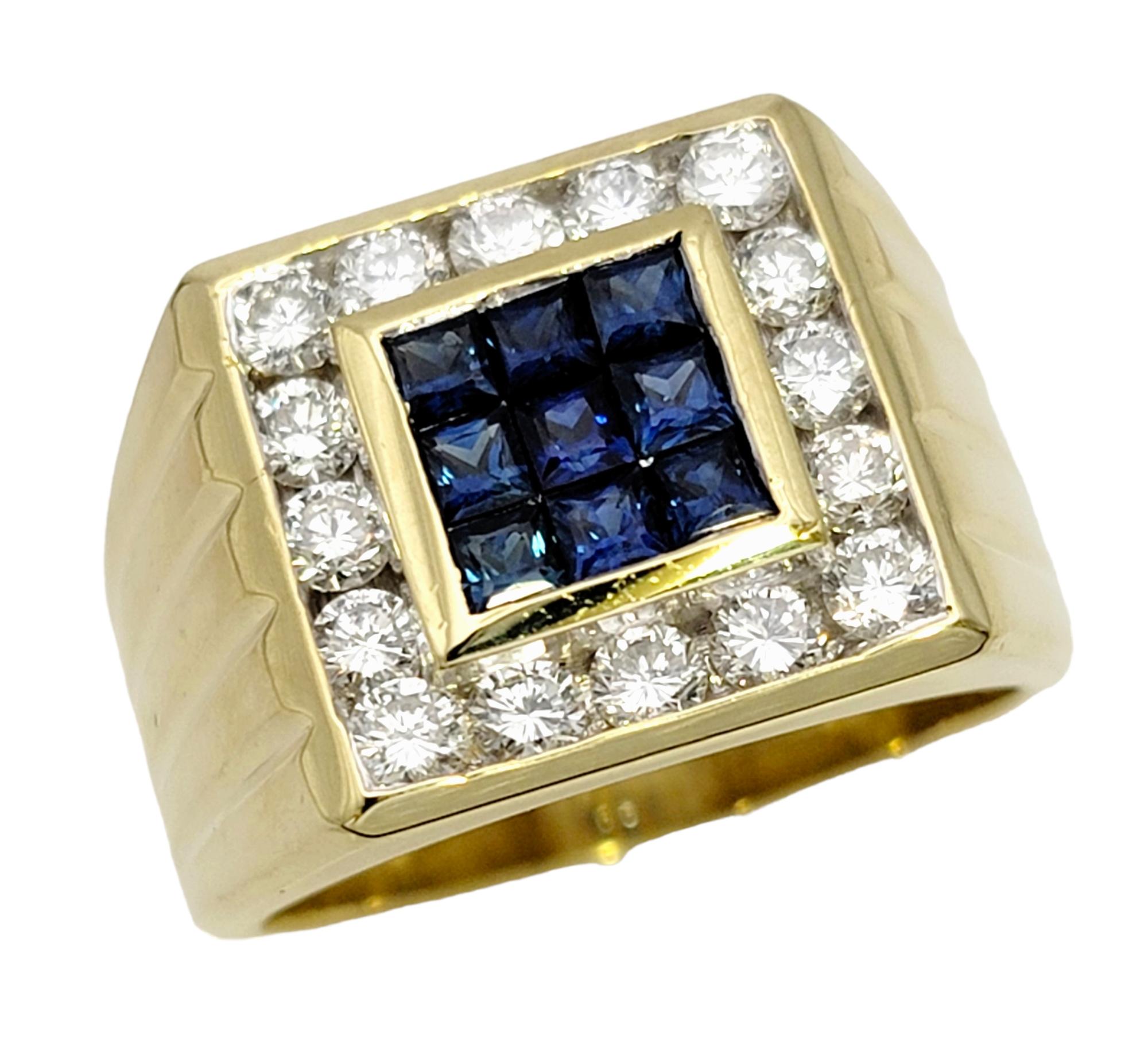 Ring size: 10.75

Bold and brilliant mens diamond and sapphire statement ring. This incredibly handsome piece features an array of natural gemstones in a sleek, geometric design. Modern and striking, this piece will fill the finger with luxury.
