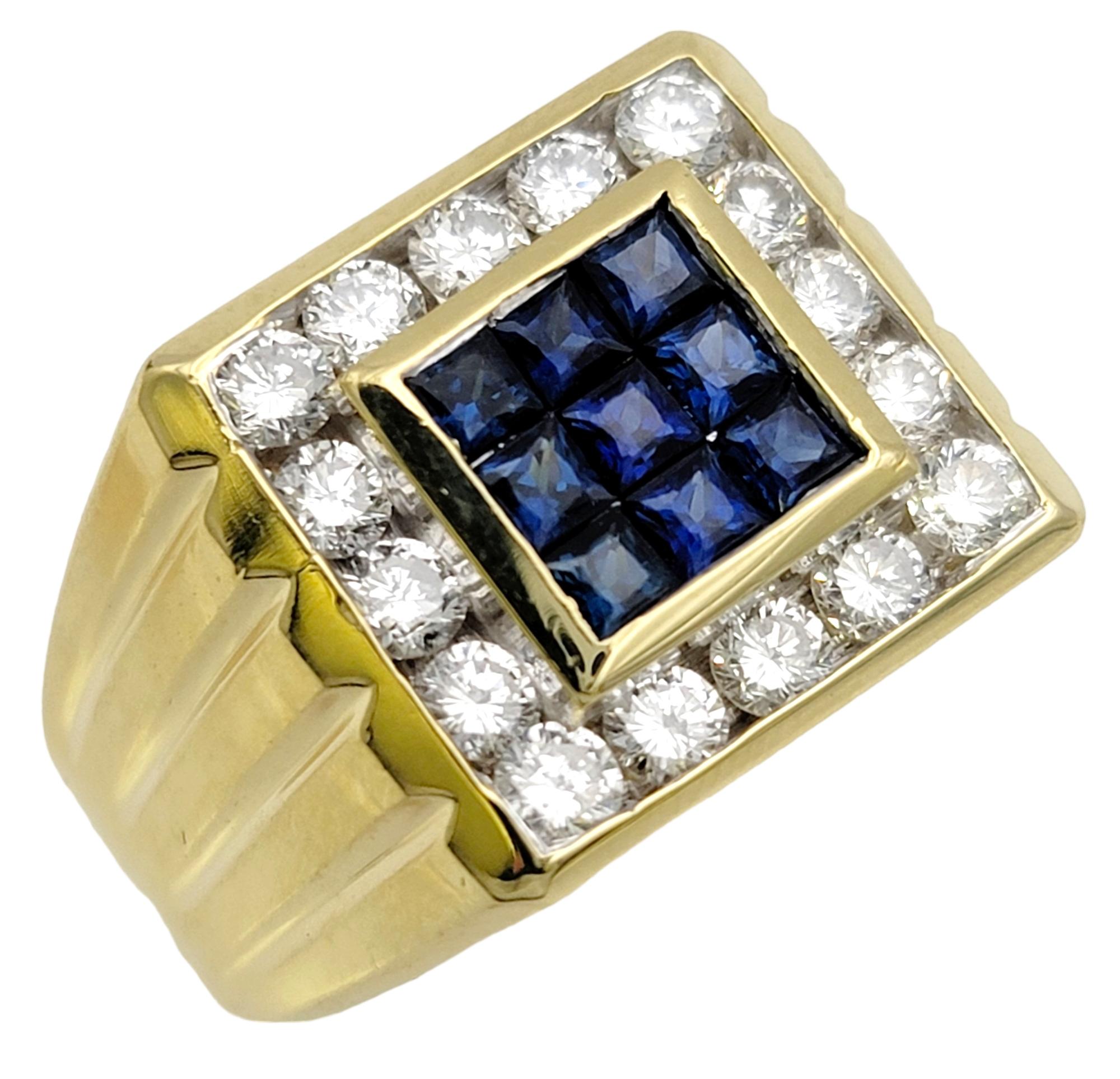 Contemporary Mens Natural Sapphire and Diamond Halo Square Band Ring in 18 Karat Yellow Gold For Sale