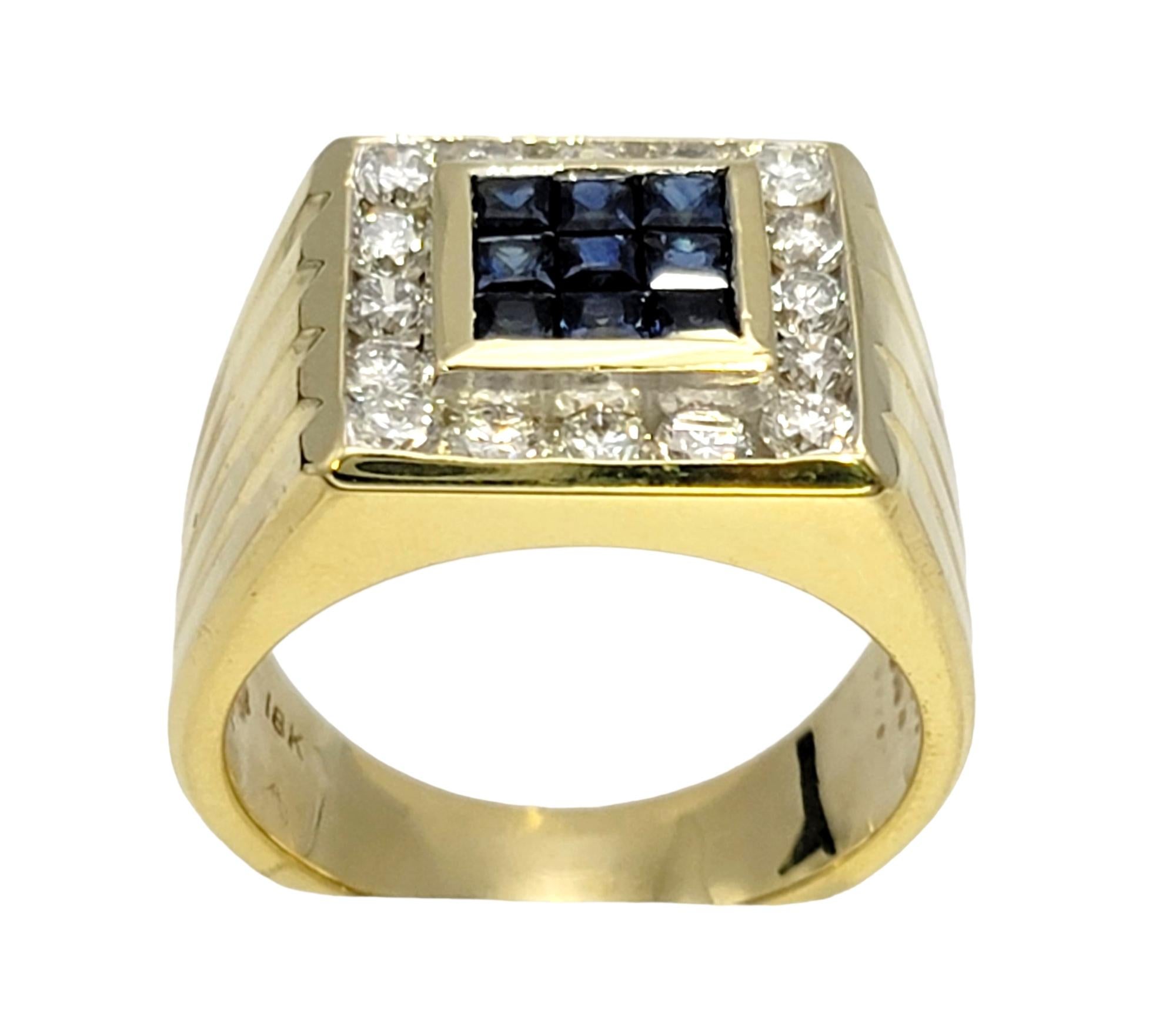 Round Cut Mens Natural Sapphire and Diamond Halo Square Band Ring in 18 Karat Yellow Gold For Sale