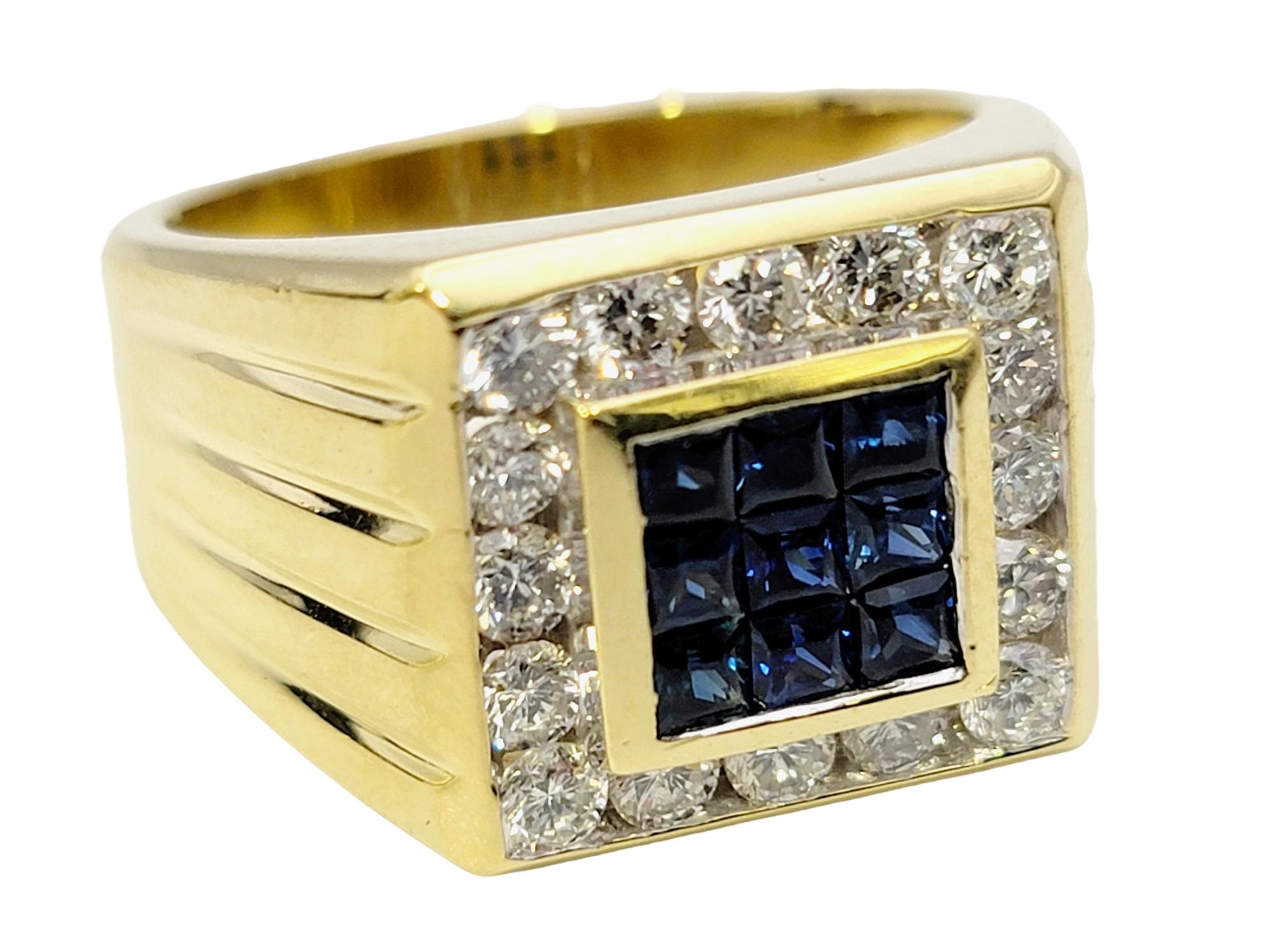 Mens Natural Sapphire and Diamond Halo Square Band Ring in 18 Karat Yellow Gold In Good Condition For Sale In Scottsdale, AZ