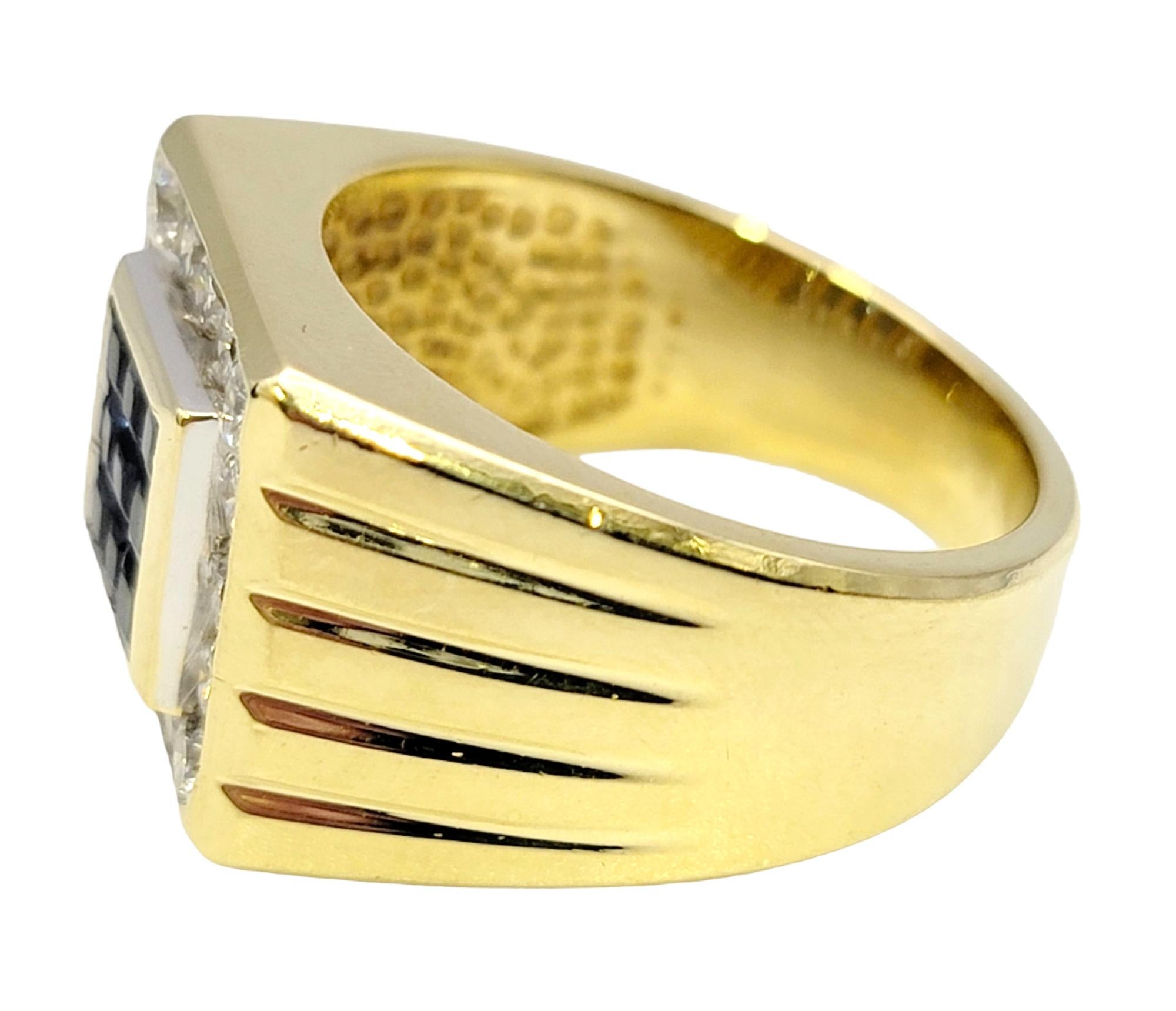 Men's Mens Natural Sapphire and Diamond Halo Square Band Ring in 18 Karat Yellow Gold For Sale