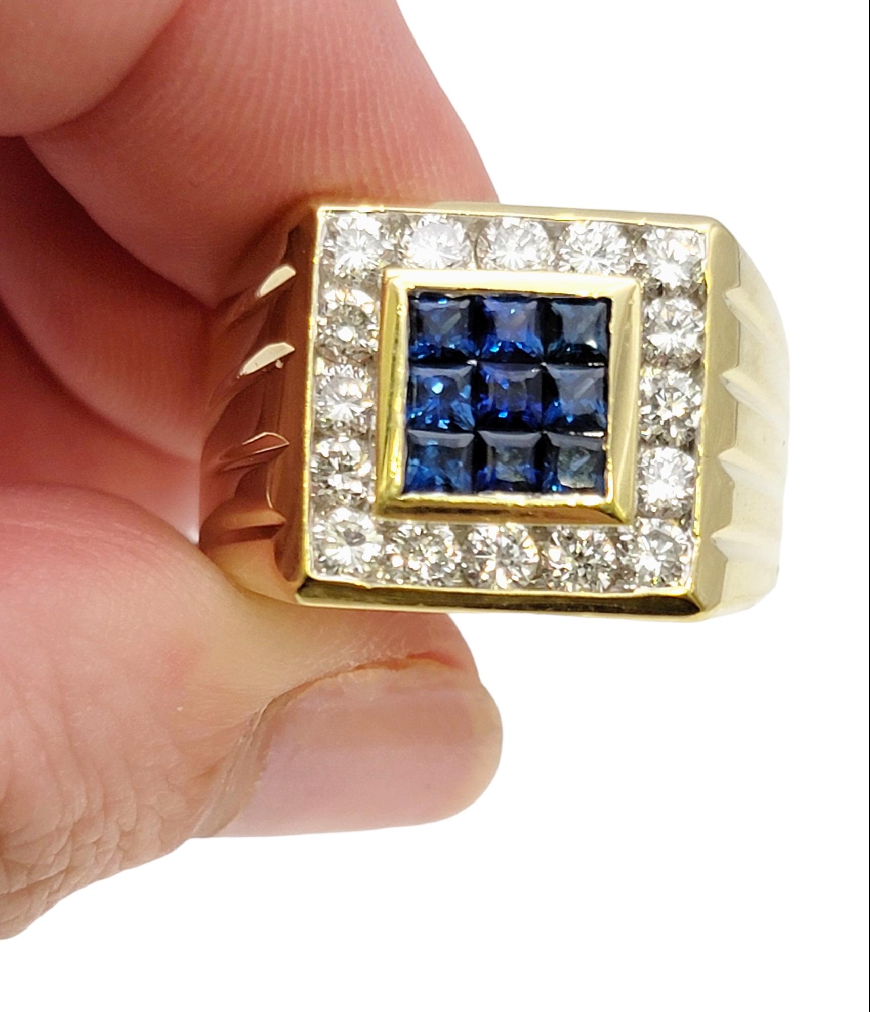 Mens Natural Sapphire and Diamond Halo Square Band Ring in 18 Karat Yellow Gold For Sale 3