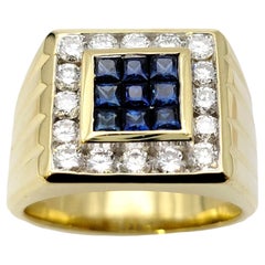 Vintage Mens Natural Sapphire and Diamond Halo Square Band Ring in 18 Karat Yellow Gold