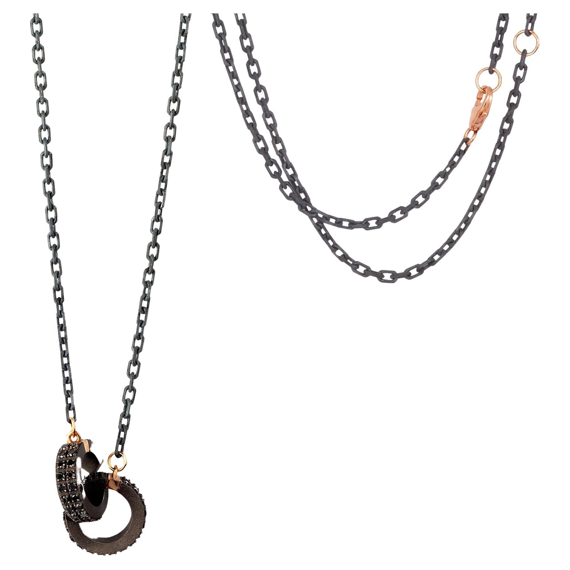Men's Necklace with 2 Titanium Barrels, Black Diamonds, 18KT Red Gold For Sale