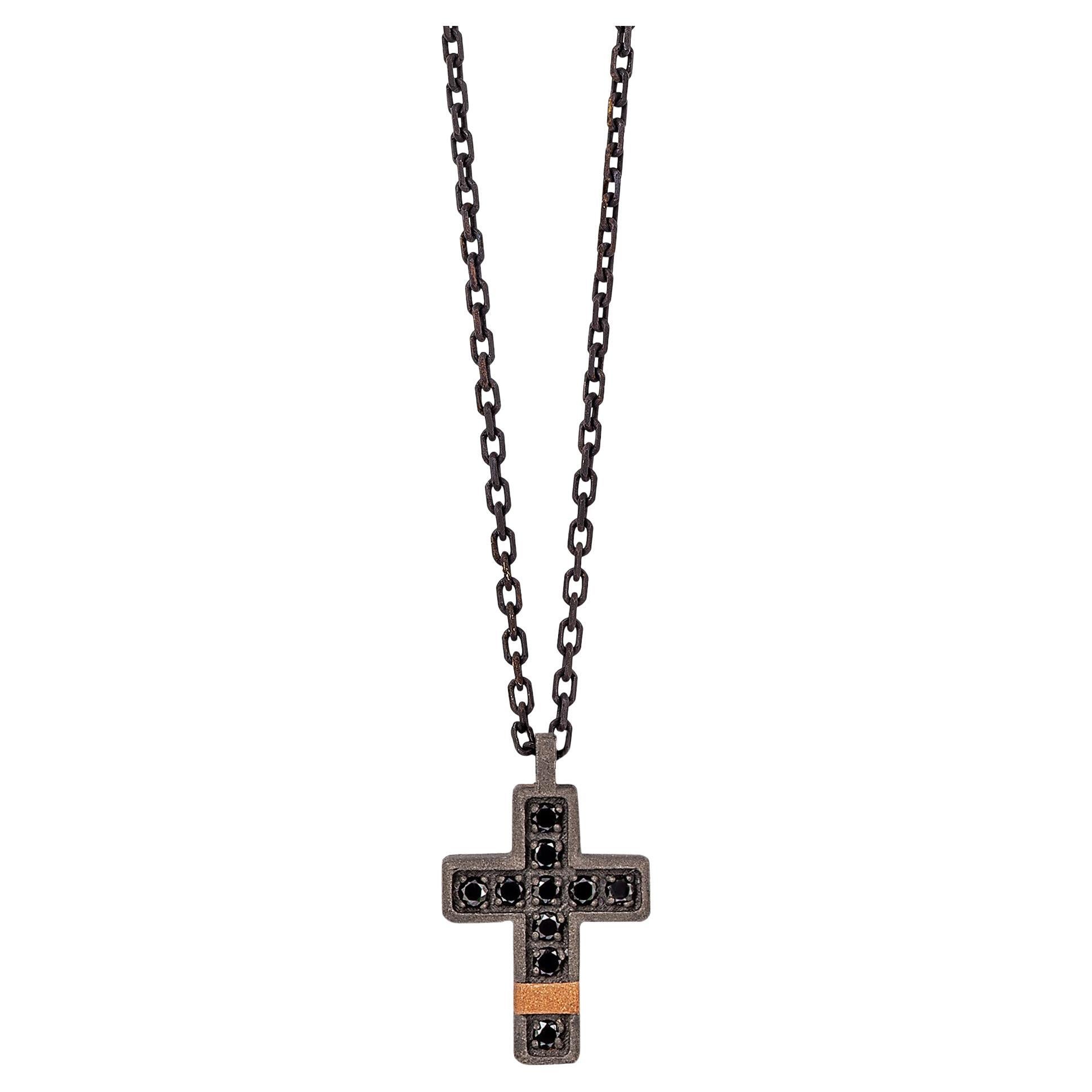Men's Necklace with Small Cross in Titaniu, 18KT & 9KT Red Gold, Black Diamonds For Sale