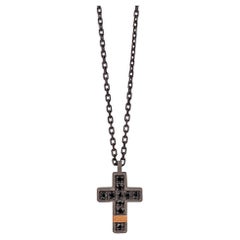 Men's Necklace with Small Cross in Titaniu, 18KT & 9KT Red Gold, Black Diamonds