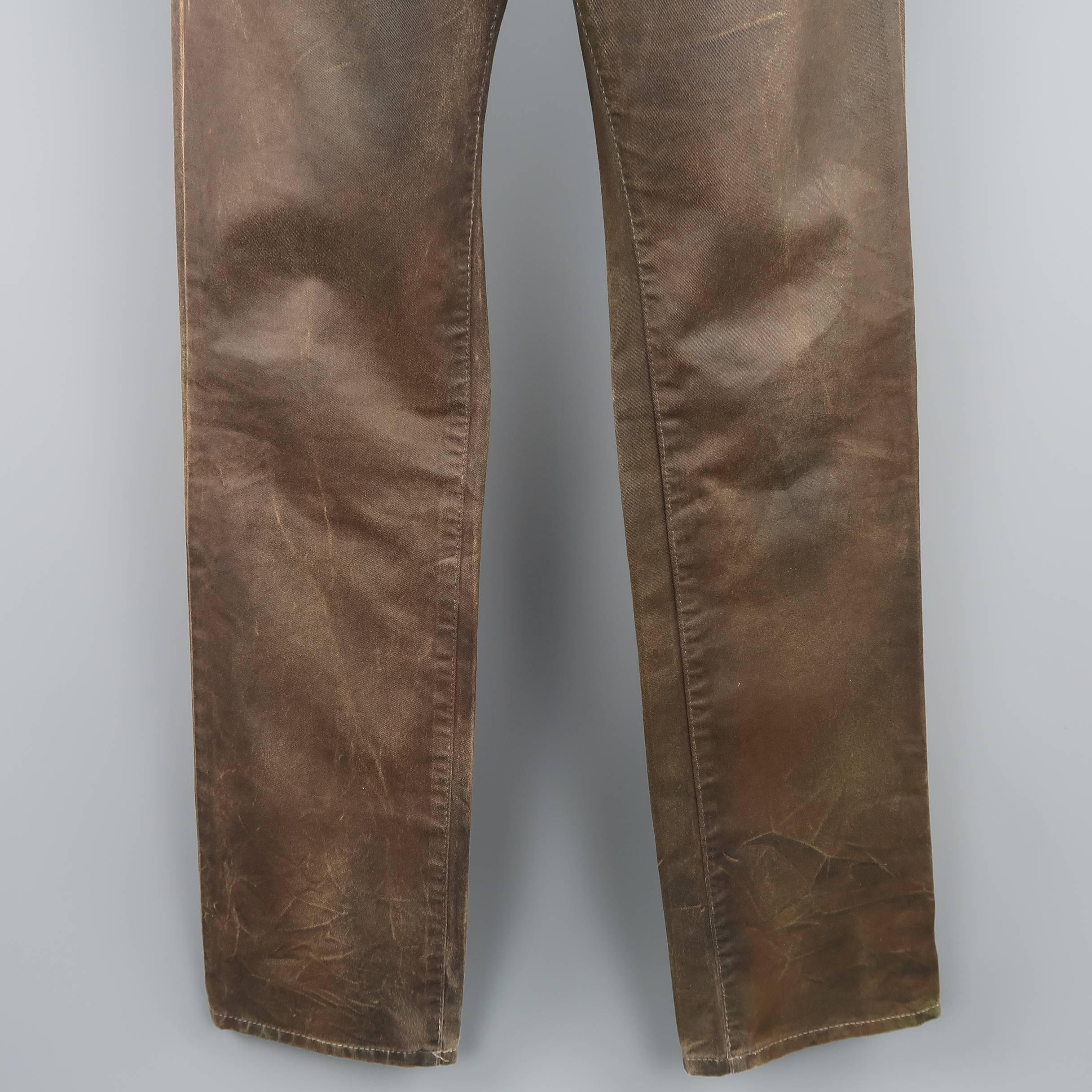 Men's NEIL BARRETT Size 31 Brown Dirty Wash Painted Cotton Jeans In Good Condition In San Francisco, CA