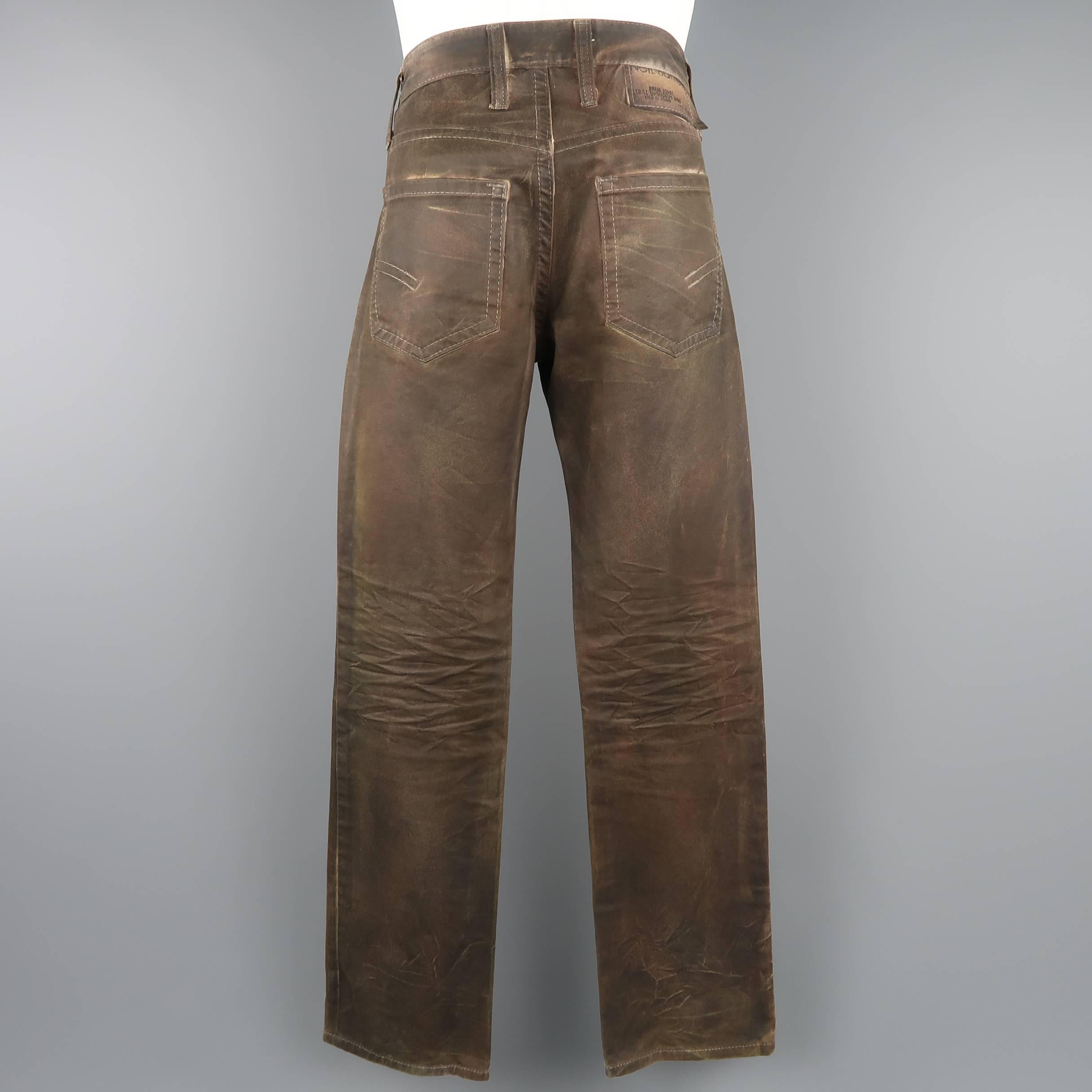 Men's NEIL BARRETT Size 31 Brown Dirty Wash Painted Cotton Jeans 2