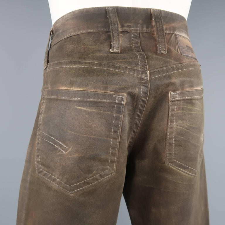 Men''s NEIL BARRETT Size 31 Brown Dirty Wash Painted Cotton Jeans at 1stDibs