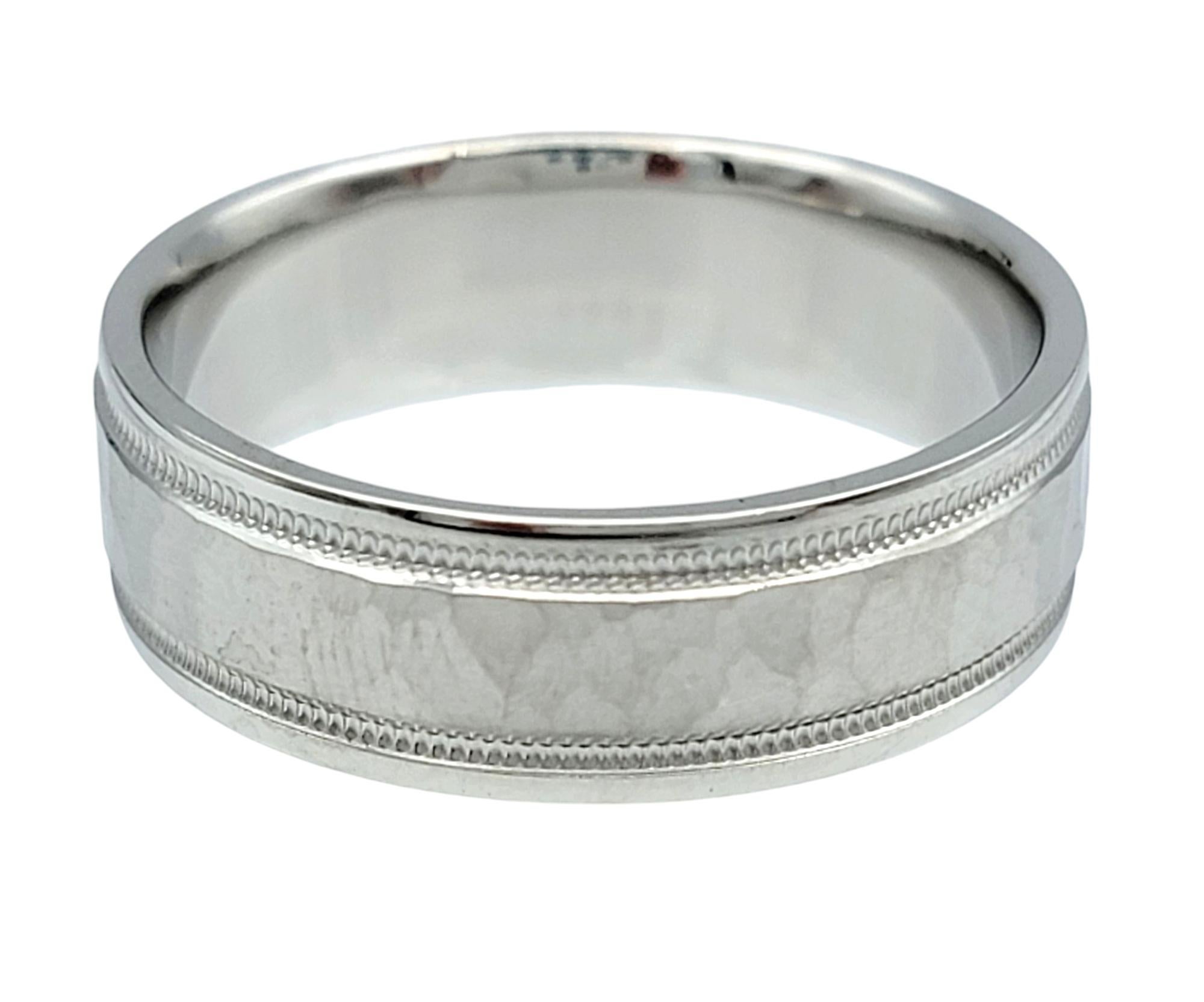 Contemporary Mens Novell Hammered Finish Platinum Wedding Band Ring with Milgrain Detail For Sale