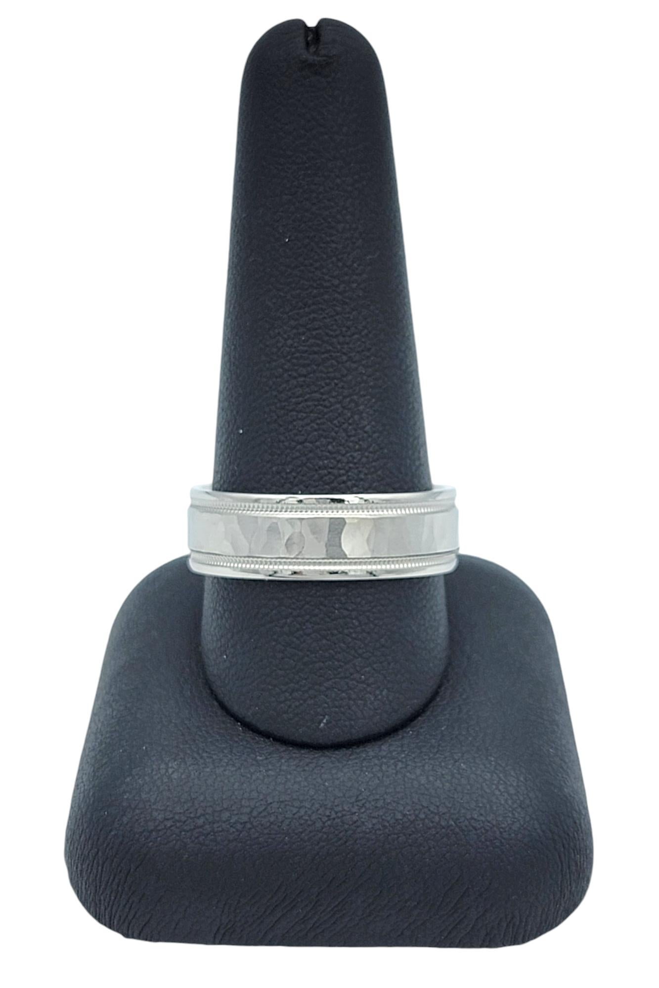 Mens Novell Hammered Finish Platinum Wedding Band Ring with Milgrain Detail For Sale 1