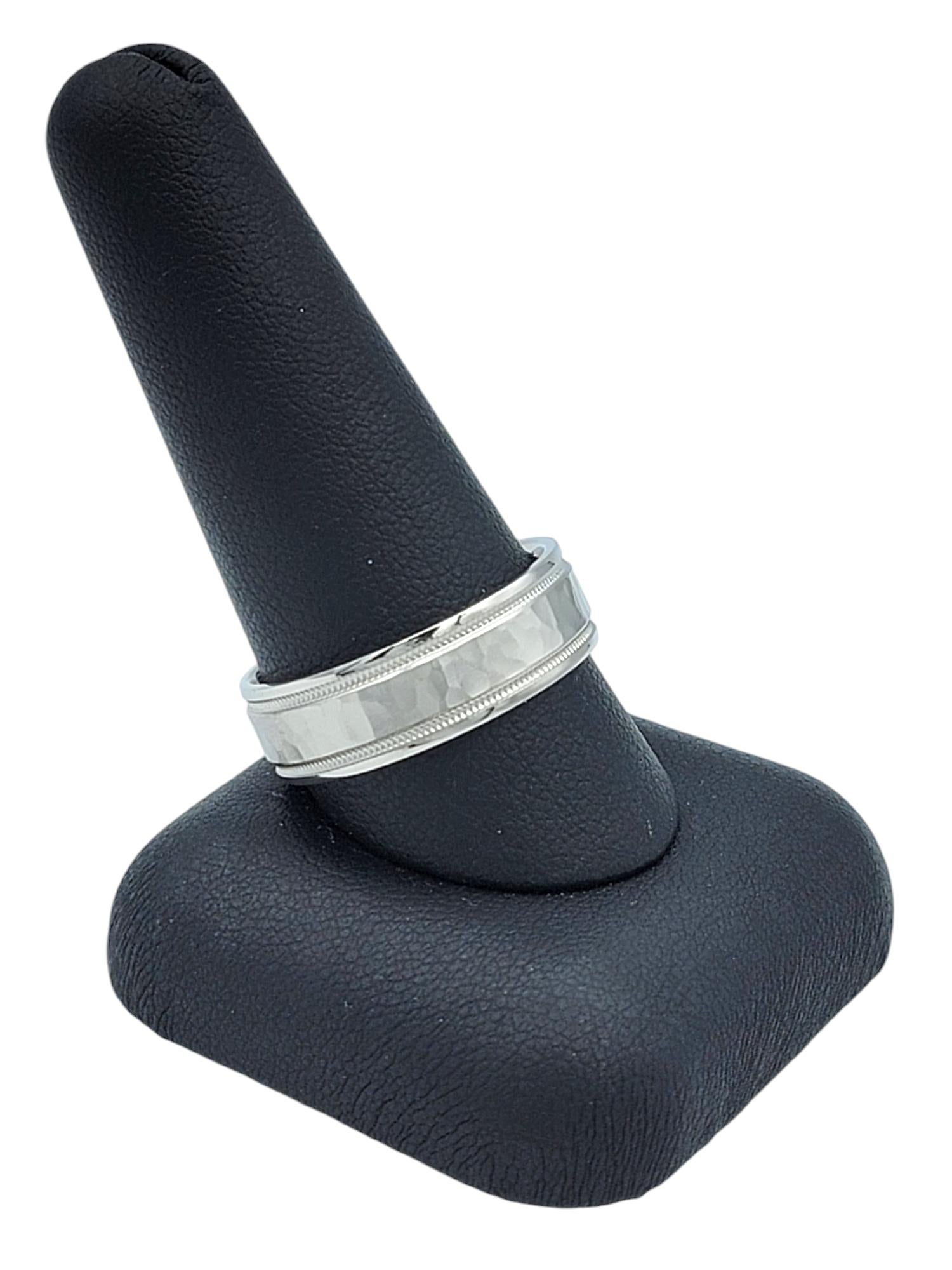 Mens Novell Hammered Finish Platinum Wedding Band Ring with Milgrain Detail For Sale 2