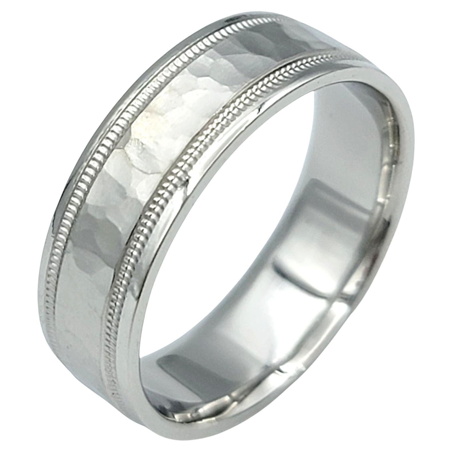 Mens Novell Hammered Finish Platinum Wedding Band Ring with Milgrain Detail