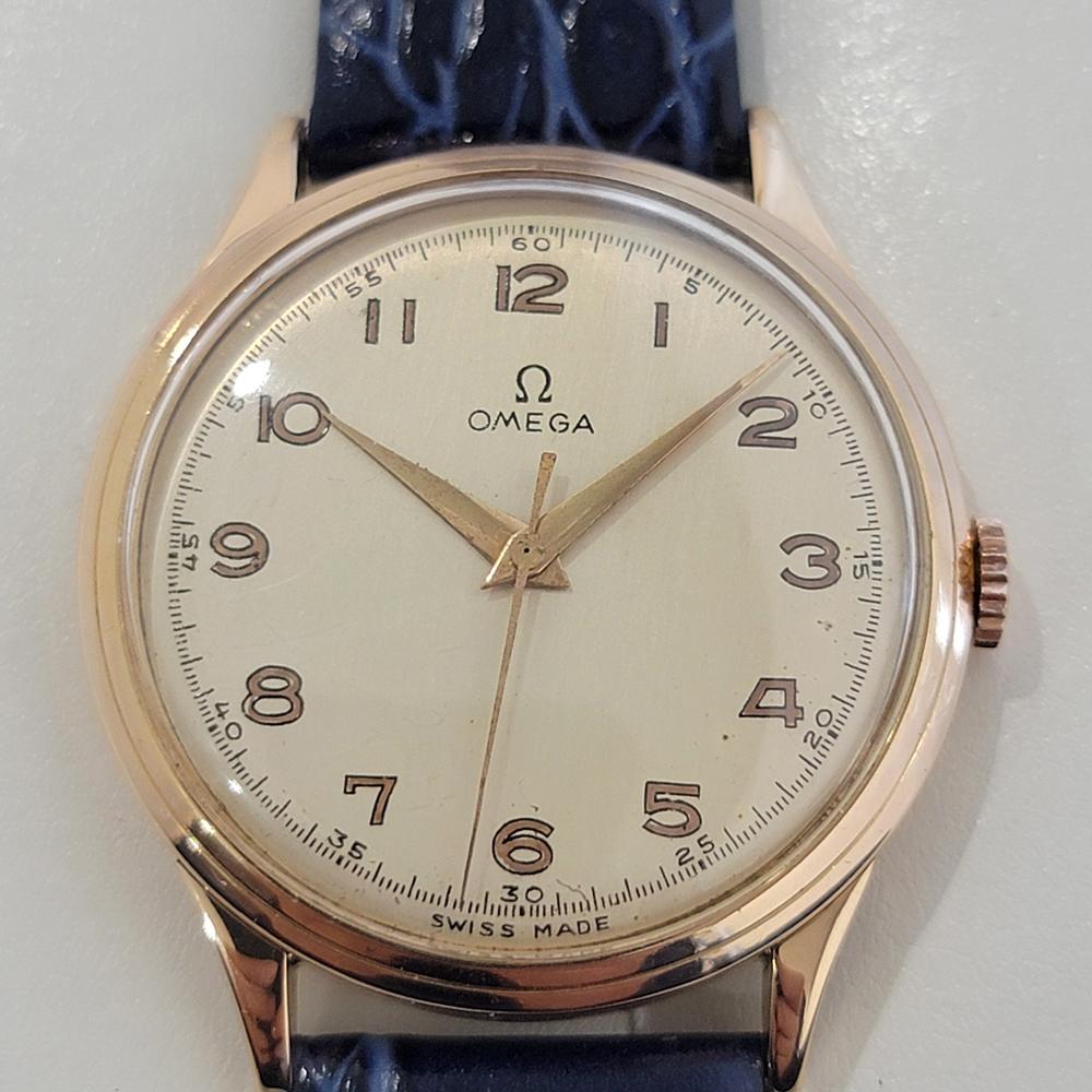 Timeless luxury, Men's 14k solid gold Omega cal 30SCT2 manual wind dress watch, c.1940s, in excellent working condition. Verified authentic by a master watchmaker. Omega signed dial, Arabic numeral hour markers, gilt dauphine minute and hour hands,