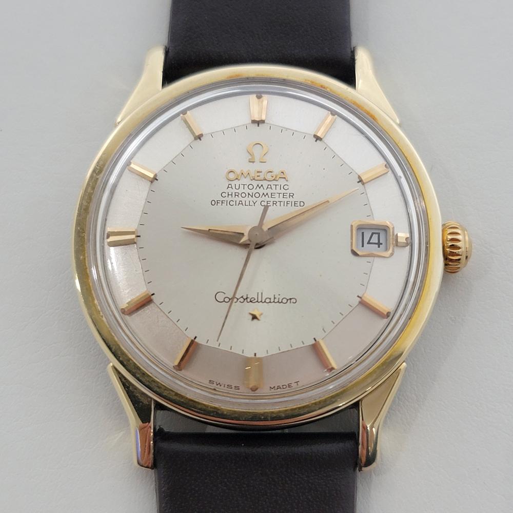 Timeless classic, Men's gold-capped Omega Constellation piepan dial date automatic, c.1966, in excellent working condition. Verified authentic by a master watchmaker. Gorgeous Omega signed dial, applied baton index hour markers, gilt Dauphine minute