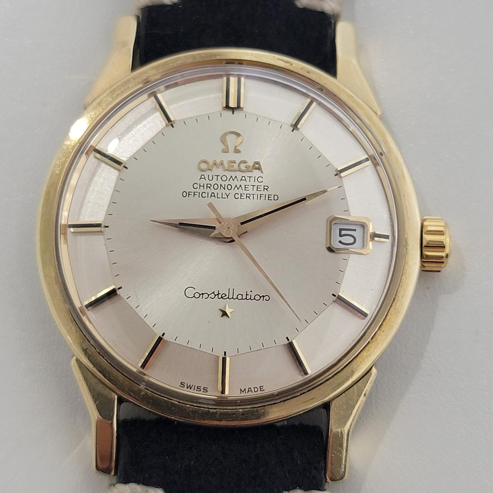 Vintage classic, Men's Omega Constellation Ref. 168.005 gold-capped automatic, c.1966 in excellent working condition. Verified authentic by a master watchmaker. Omega signed piepan dial, applied baton indice hour markers, gilt minute and hour hands,