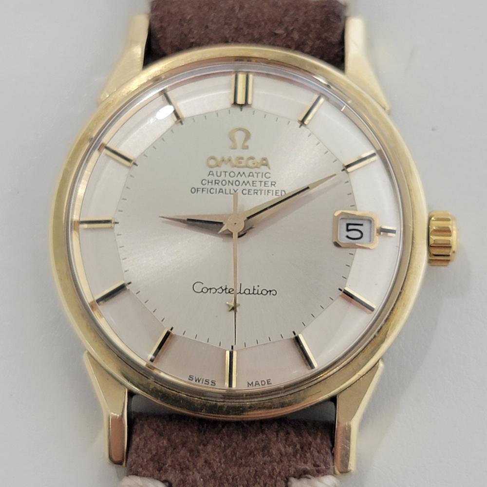 Un lussuoso classico d'epoca, Omega Constellation Ref. 168.005 automatico, 1966 circa, in eccellenti condizioni di funzionamento. Verificato autentico da un maestro orologiaio. Quadrante piepan firmato Omega, indici a bastone applicati, lancette