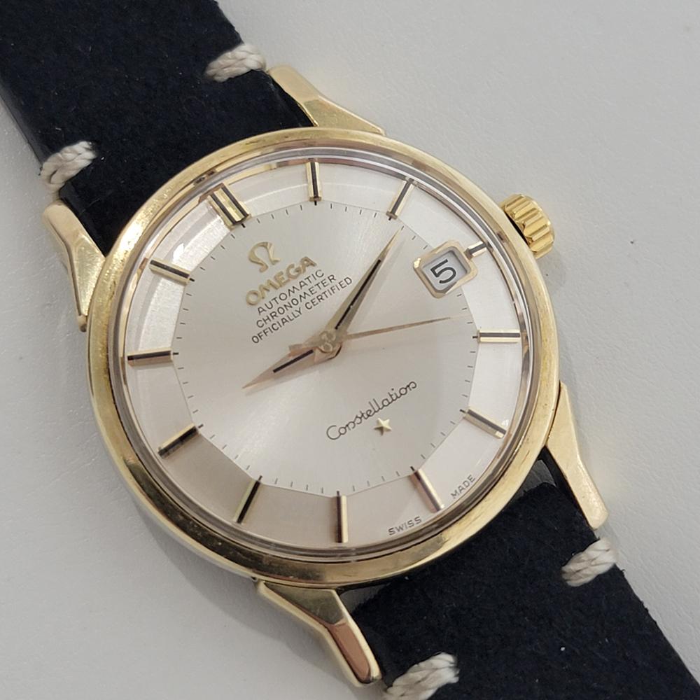 Mens Omega Constellation Ref 166 052 18k Gold Date Automatic 1960s Swiss RA404B In Excellent Condition In Beverly Hills, CA