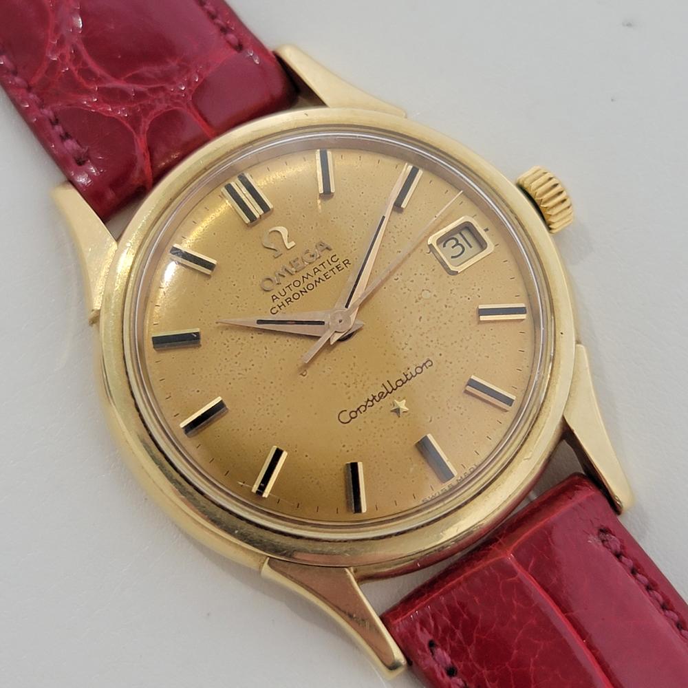 Vintage luxury, Men's 18k solid gold Omega Constellation Ref. 14393/4 SC 61 automatic, c.1960s in excellent vintage condition. Verified authentic by a master watchmaker. Omega signed gold dial, applied baton hour markers, gilt minute and hour hands,