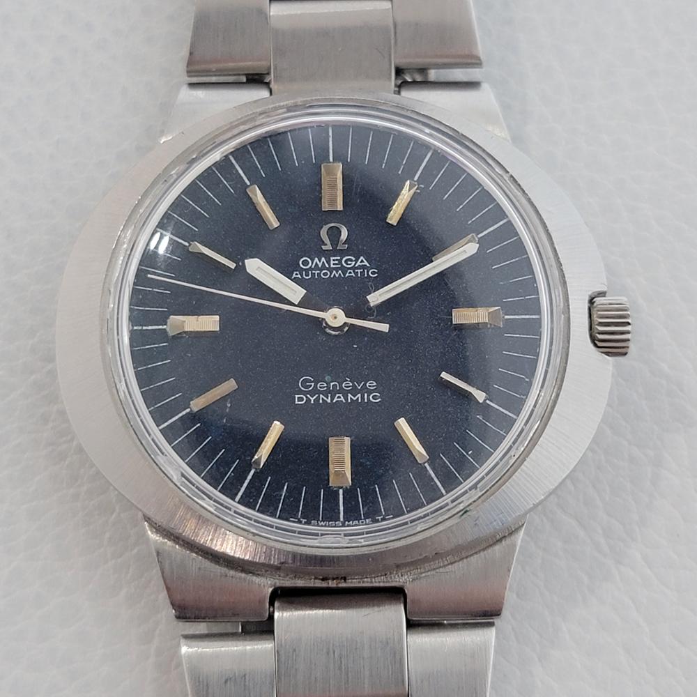 A unique and rare vintage classic, Men's Omega Geneve Dynamic all-stainless steel sports watch, c.1970s, all original, unrefurbished. Verified authentic by a master watchmaker. Original Omega black dial, applied baton hour markers, white minute and