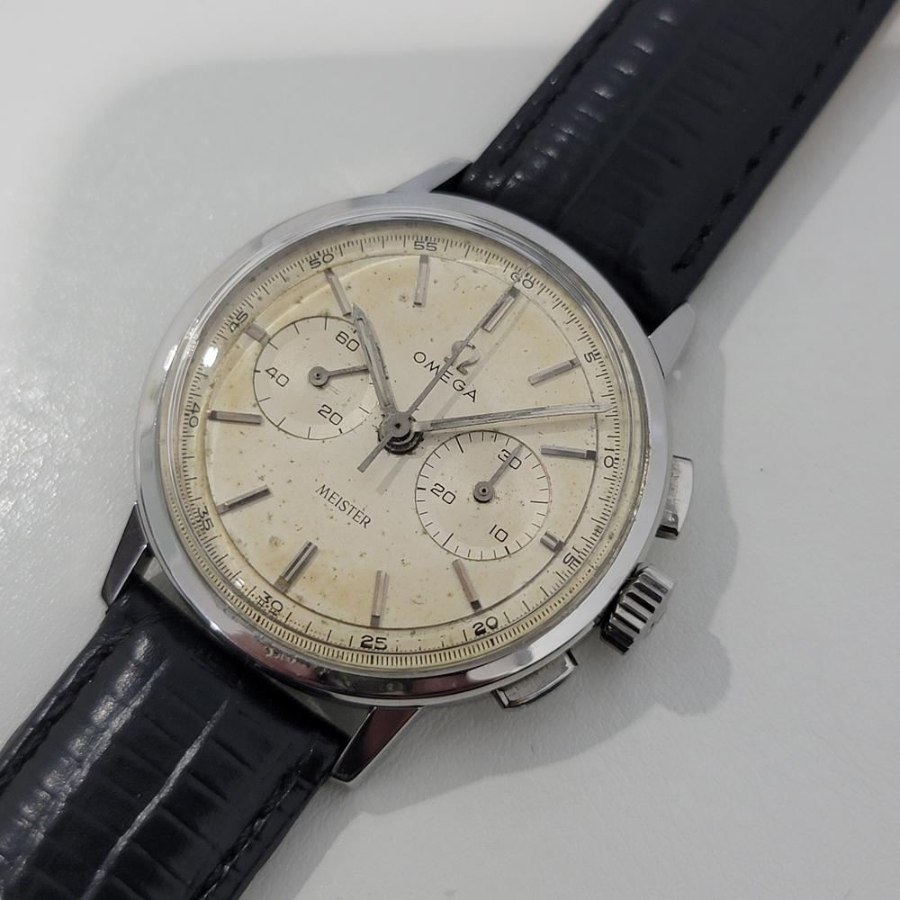 Collectable vintage classic, Men's Omega Meister Dial Chronograph Manual Watch, c.1960s. Verified authentic by a master watchmaker. Gorgeous, untouched Omega signed Meister dial, applied silver baton hour markers, silver minute and hour hands,