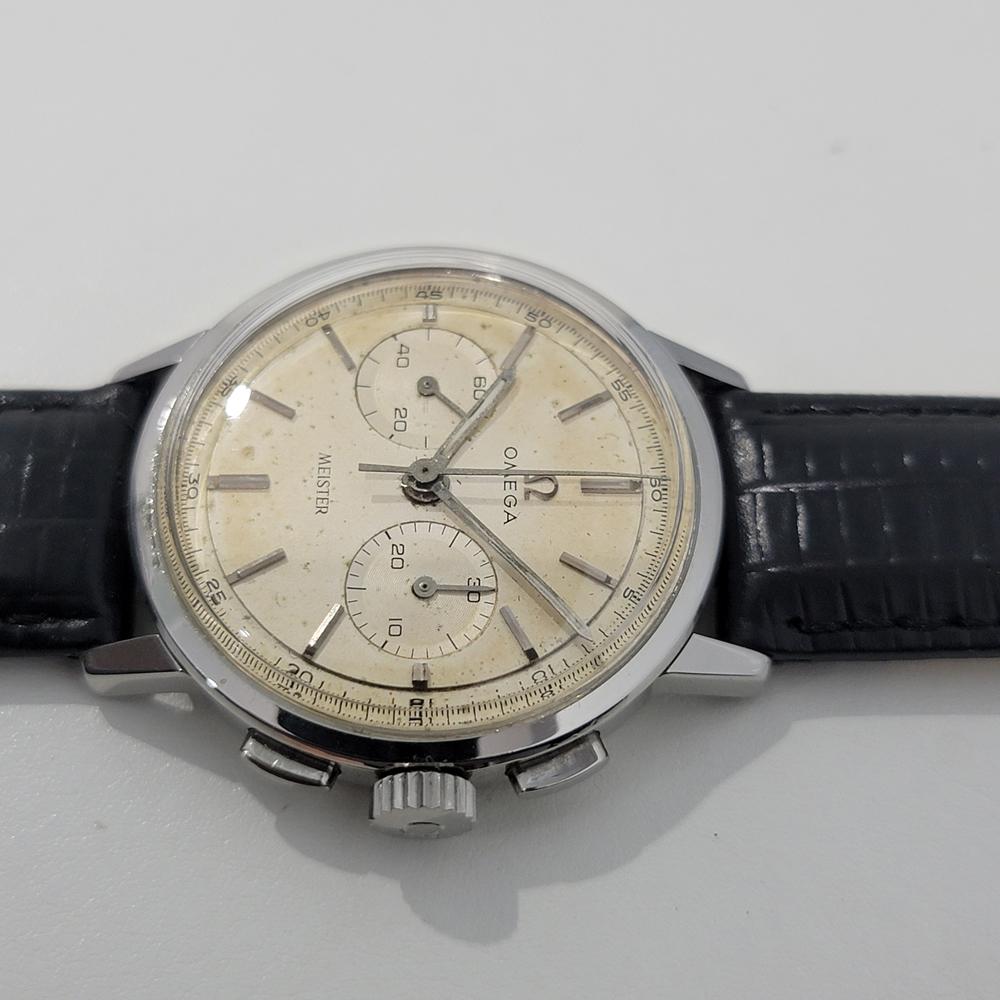 Mens Omega Meister Dial 36mm Manual Wind Chronograph 1960s Unrestored JM21 In Excellent Condition For Sale In Beverly Hills, CA