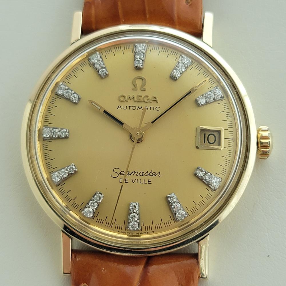 Luxuriöser Vintage-Klassiker, Herren Omega 14k massivem Gold Seamaster DeVille Datum automatisch, c.1971, in ausgezeichnetem Zustand. Von einem Uhrmachermeister für echt befunden. Wunderschönes, signiertes Omega-Zifferblatt, aufgesetzte, werkseitig