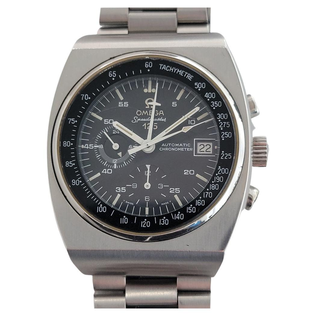 “Rare timeless icon, Men's Omega Speedmaster 125, world's first chronograph chronometer, released to celebrate the founding of the Omega's brand, c.1974, all original, unrestored. Verified authentic by a master watchmaker. Gorgeous Omega signed
