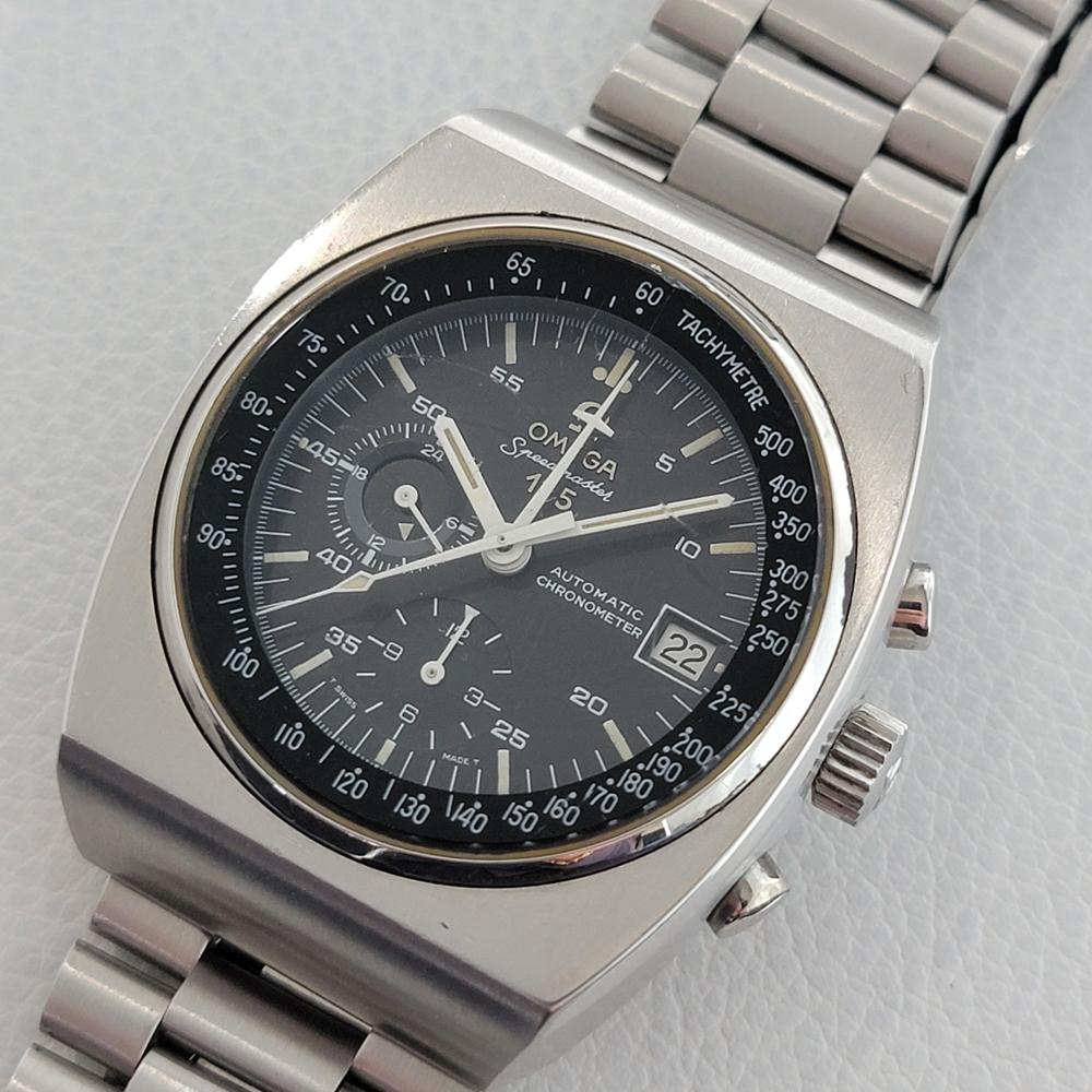 “Rare timeless icon, Men's Omega Speedmaster 125, world's first chronograph chronometer, released to celebrate the founding of the Omega's brand, c.1974, all original, unrestored. Verified authentic by a master watchmaker. Gorgeous Omega signed