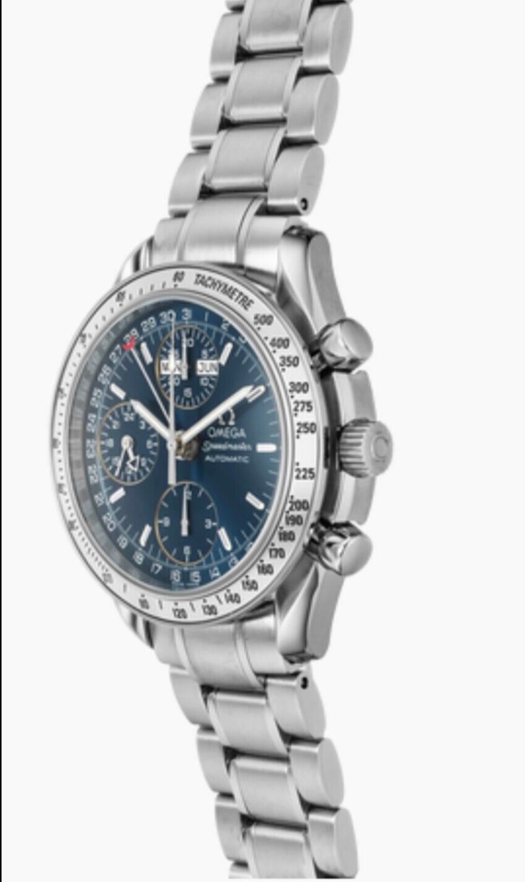 Men's Omega Speedmaster Day-Date Stainless Steel Blue Dial Automatic Watch. 
Pre-owned Speedmaster Day-Date Omega watch is crafted from stainless steel round 40mm case, 41mm with crown, 41mm lug to lug. Cobalt blue dial featuring stick markers and