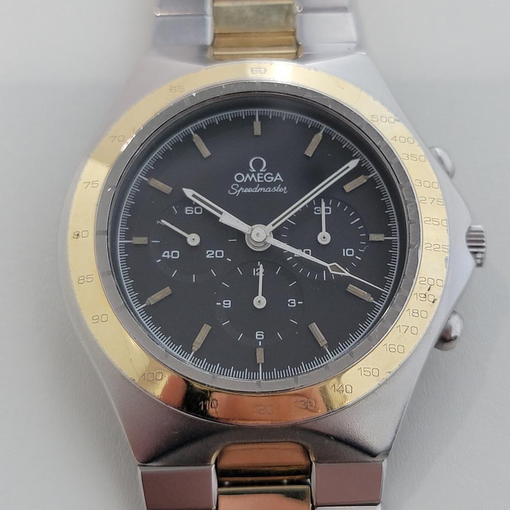 Rare classic, Men's Omega Speedmaster Teutonic Ref.14500 040, c.1980s, all original, unrestored, limited to the German market. Verified authentic by a master watchmaker. Gorgeous Omega signed black dial, applied indice hour markers, white minute and