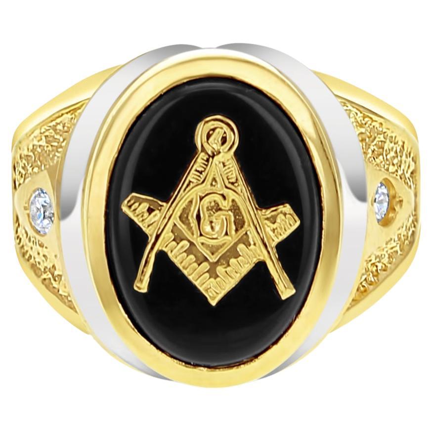 Men's Onyx Free Masonic Square Compass Symbol Ring For Sale