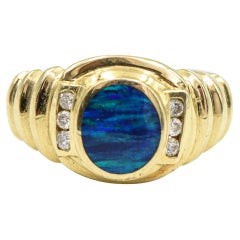 Men's Opal Doublet and Diamond Fluted Yellow Gold Ring Size 10 Us