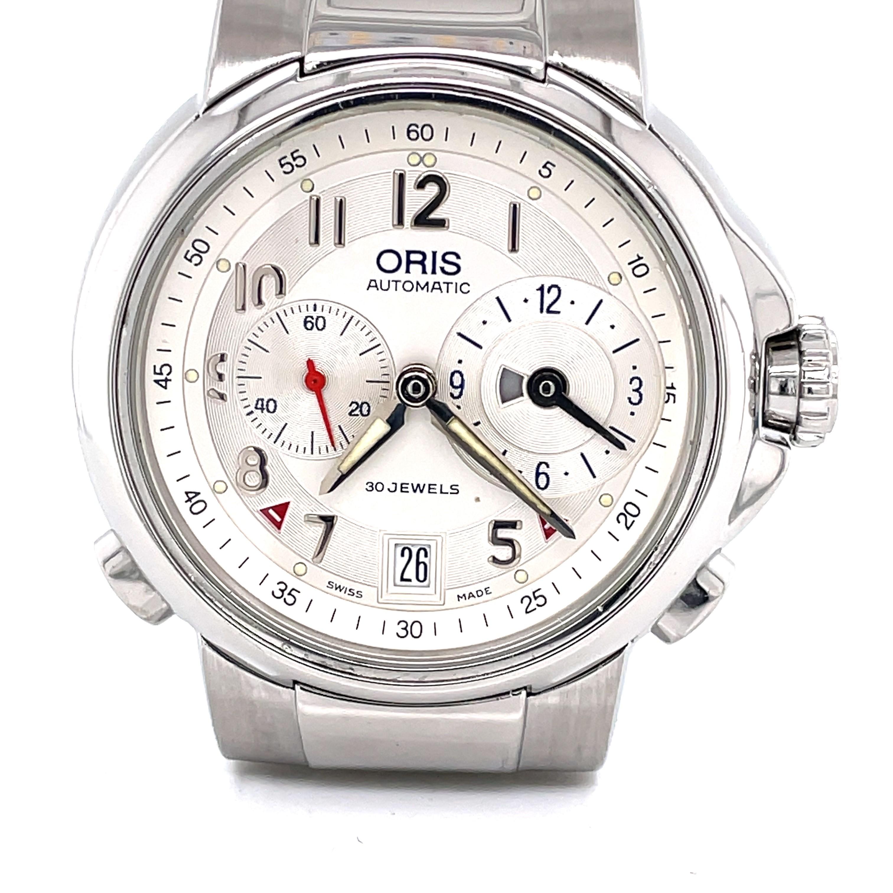 Enjoy the impressive chronograph dial of this Men's Oris 690 Stainless Steel  Artelier Worldtimer Swiss 38mm Automatic Chronograph Wrist Watch. With exhibition case back, you can view the precision gears that make this 30 jeweled Swiss movement