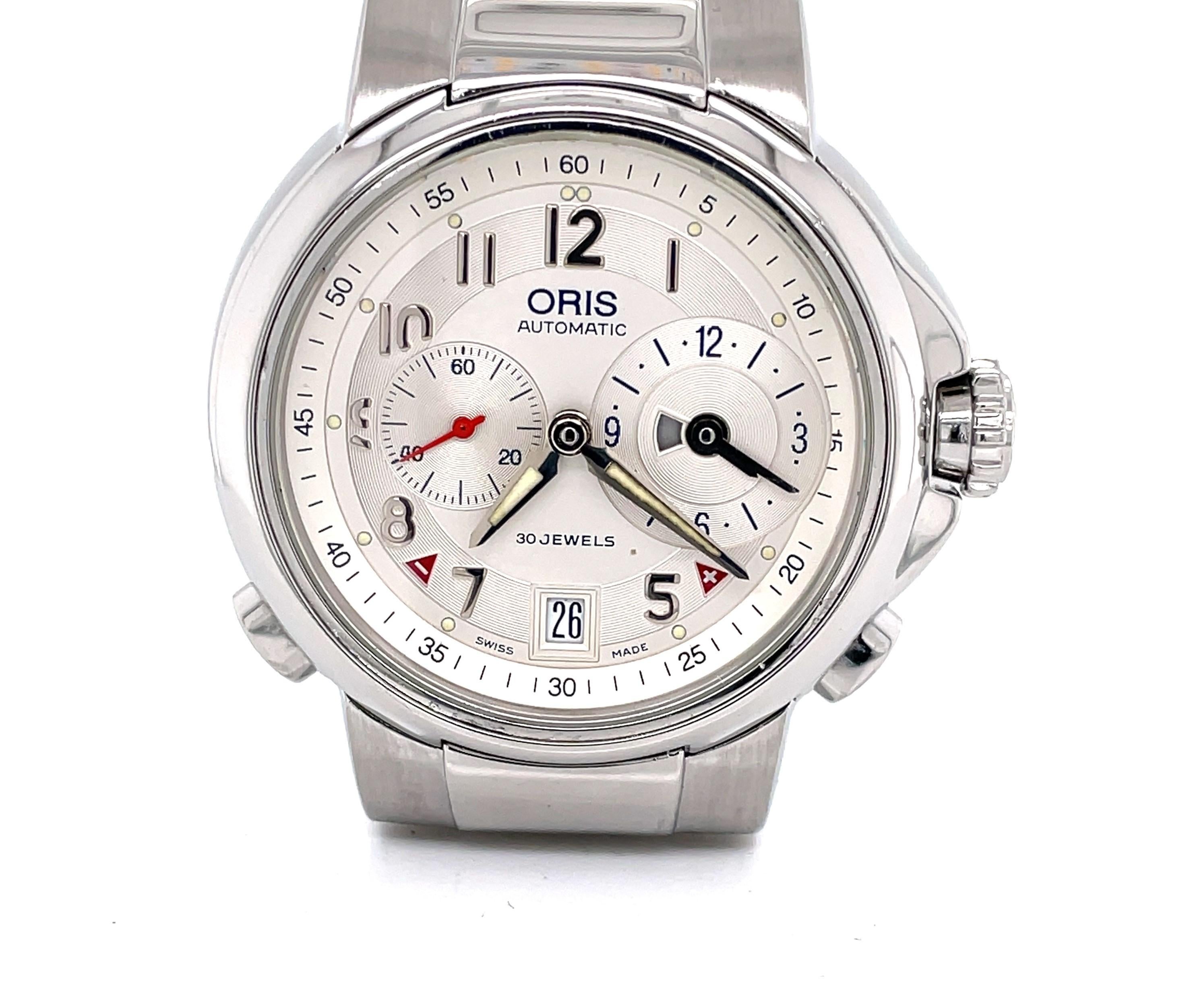 Men's Oris Stainless Steel Swiss Automatic Chronograph Exhibition Wrist Watch For Sale 2